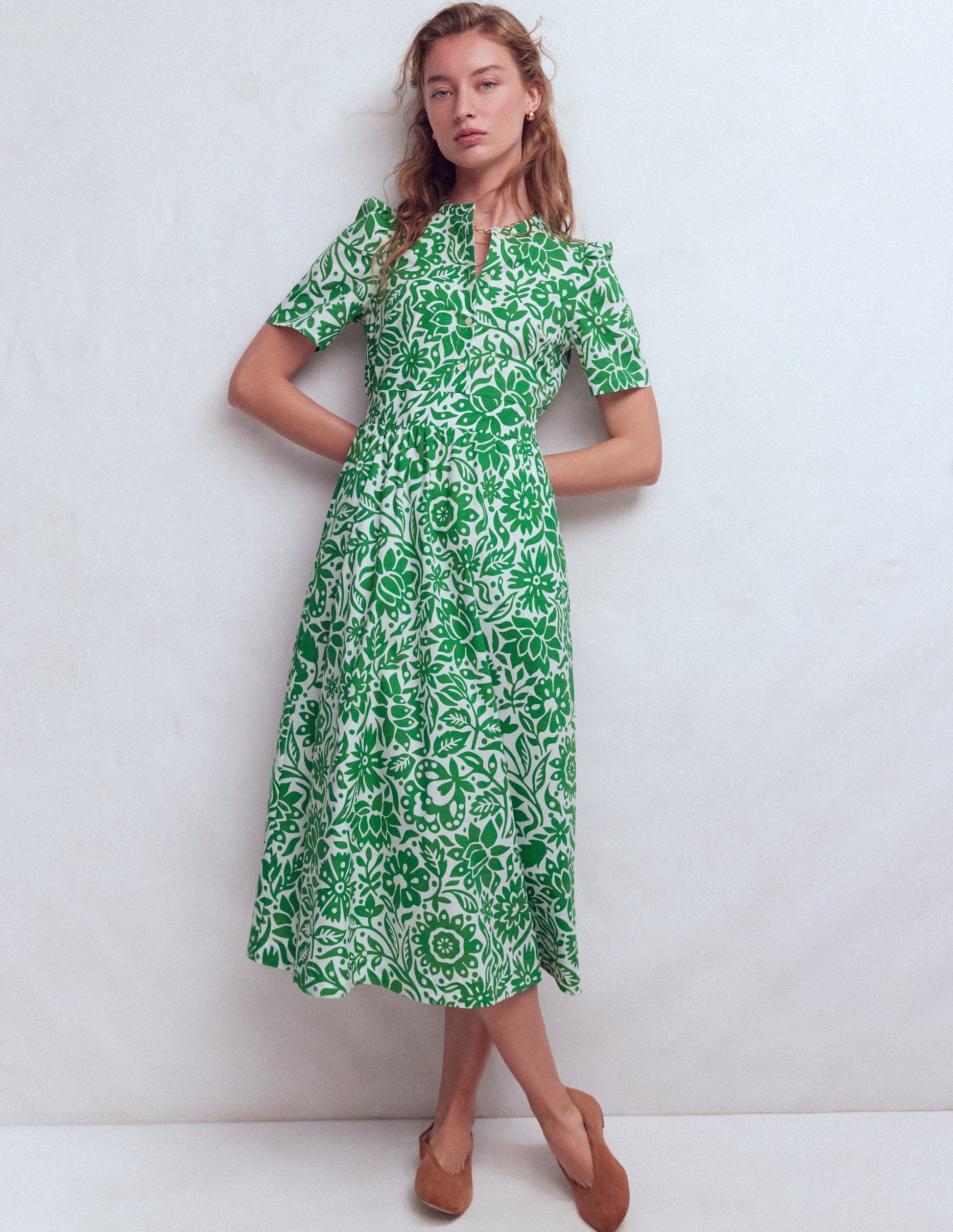 Ivy Button Cotton Midi Dress-Verdant Green, Meadow Scatter-4