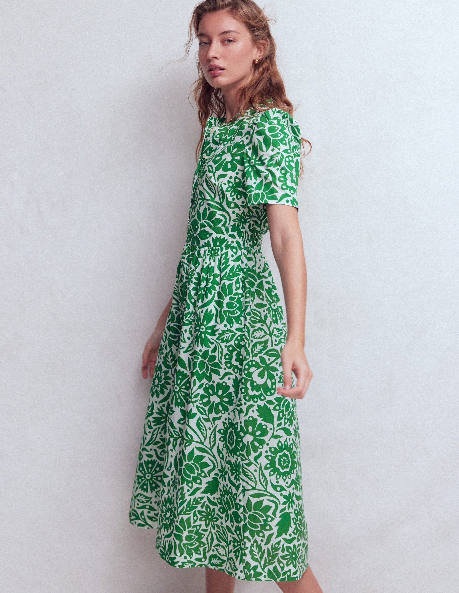 Ivy Button Cotton Midi Dress-Verdant Green, Meadow Scatter-5