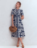 Ivy Placket Cotton Midi Dress-French Navy Botanical Charm