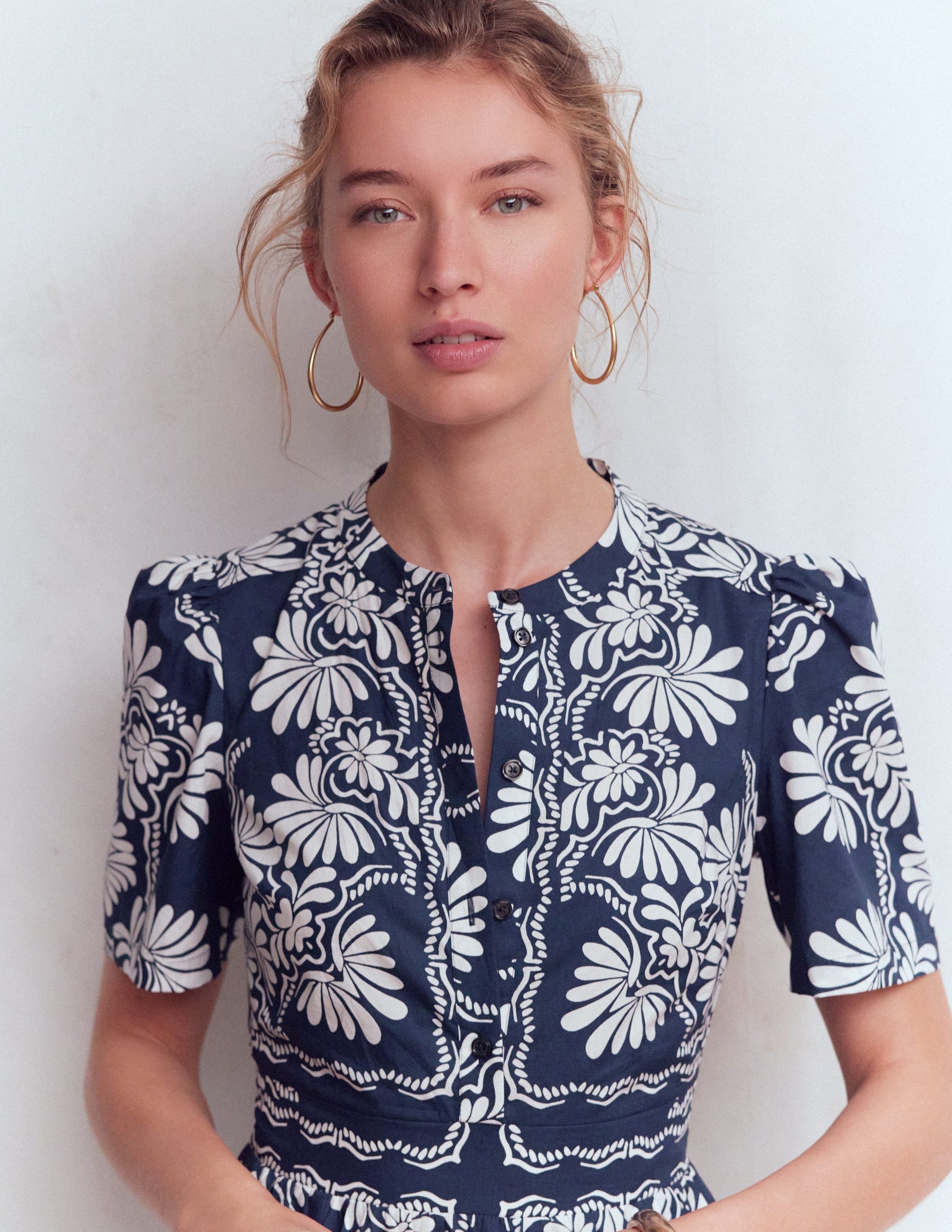 Ivy Placket Cotton Midi Dress-French Navy Botanical Charm-2