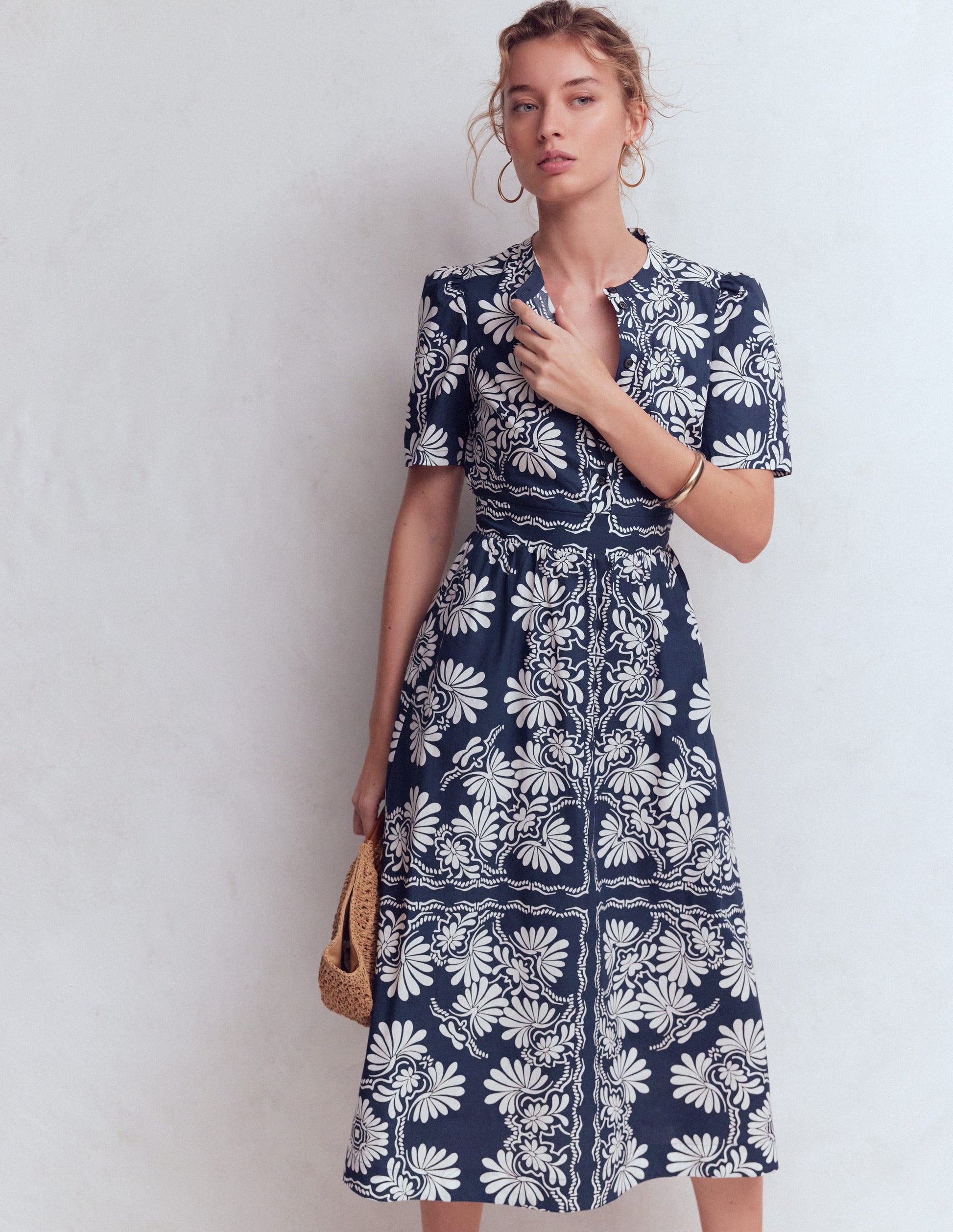 Ivy Placket Cotton Midi Dress-French Navy Botanical Charm-4