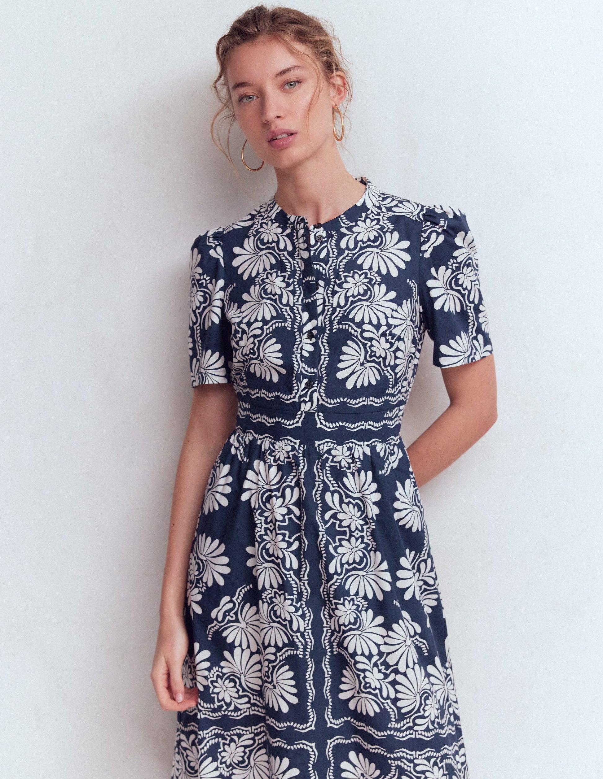 Ivy Placket Cotton Midi Dress-French Navy Botanical Charm-5