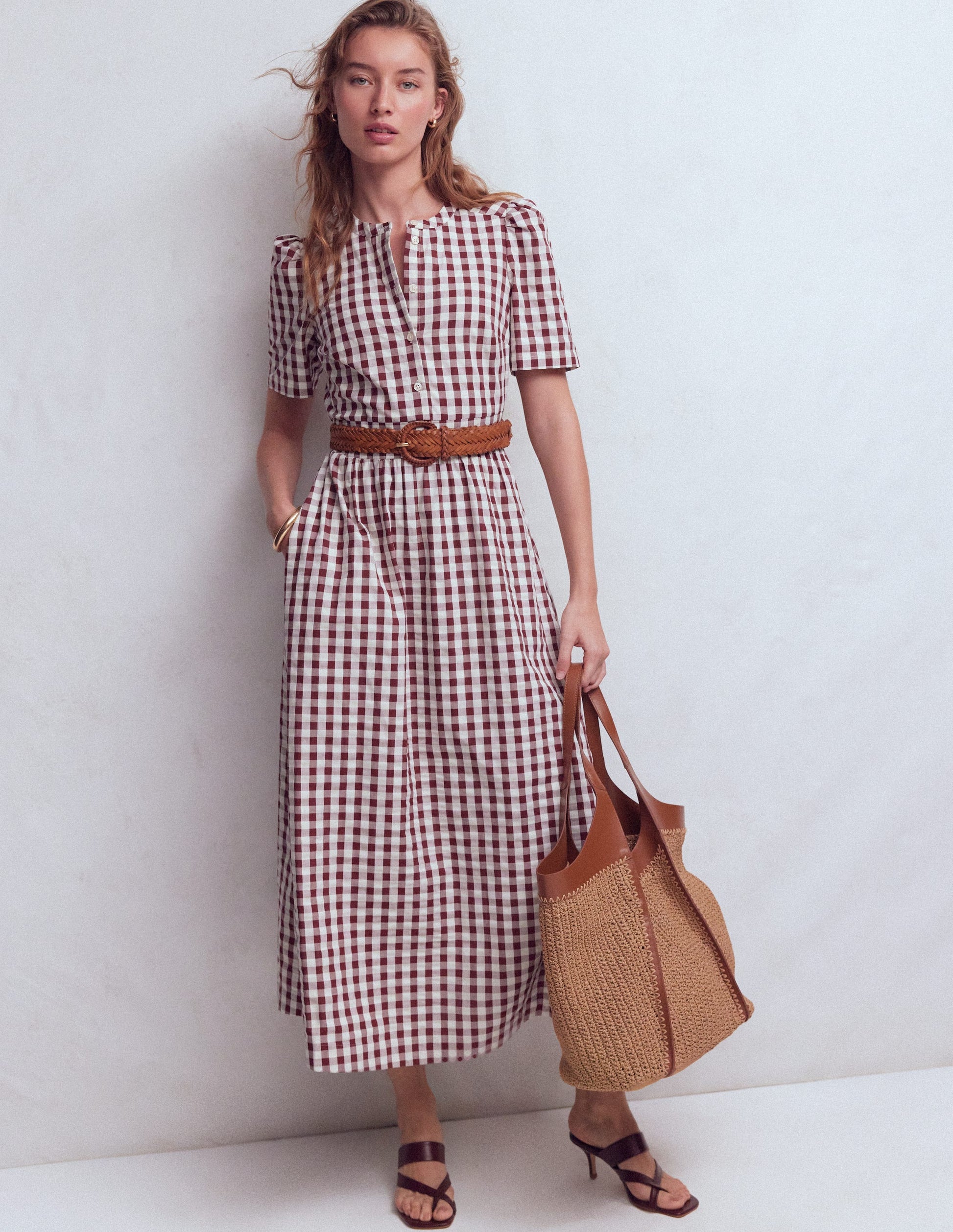 Ivy Placket Cotton Midi Dress-Gingham-1