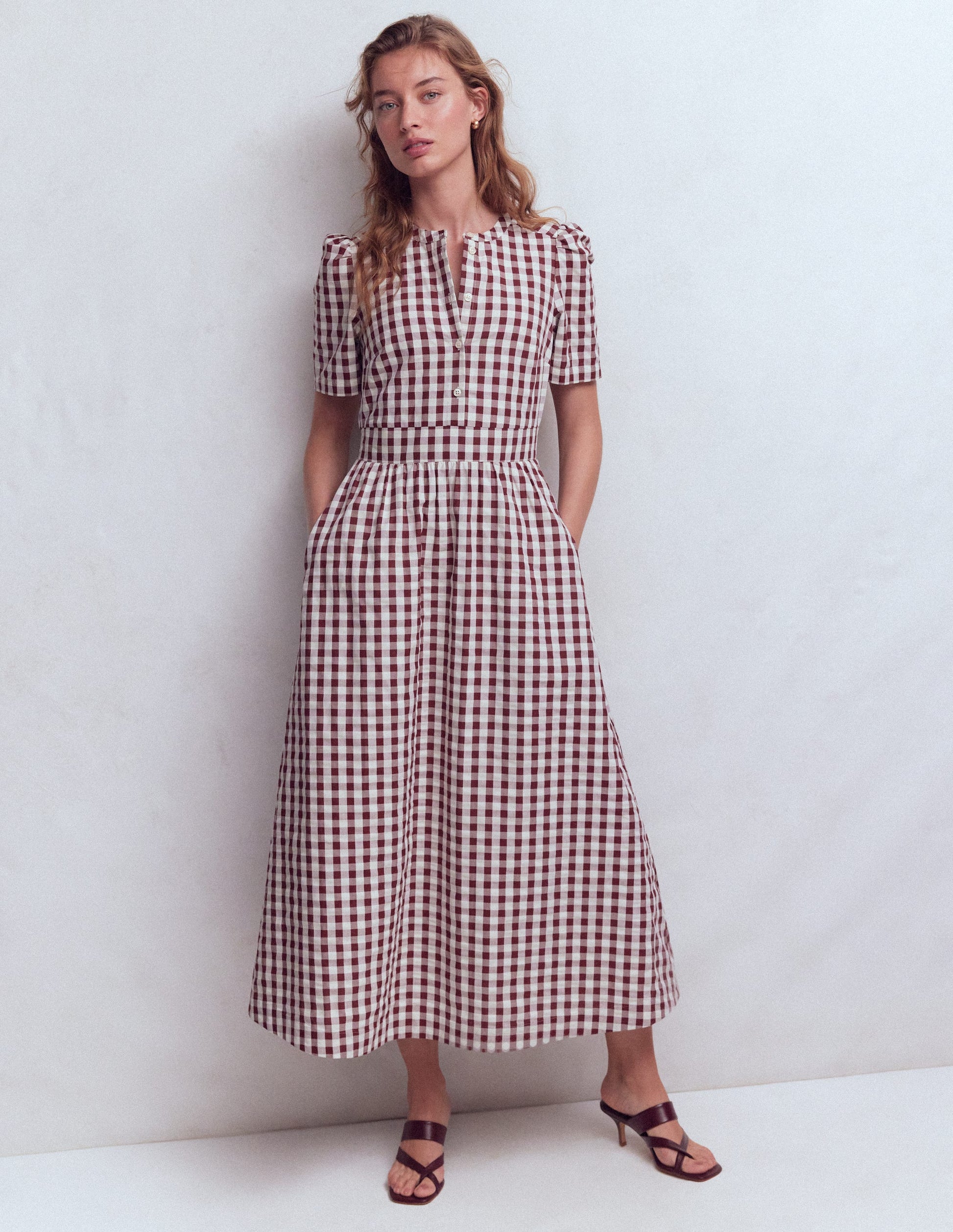 Ivy Placket Cotton Midi Dress-Gingham-4