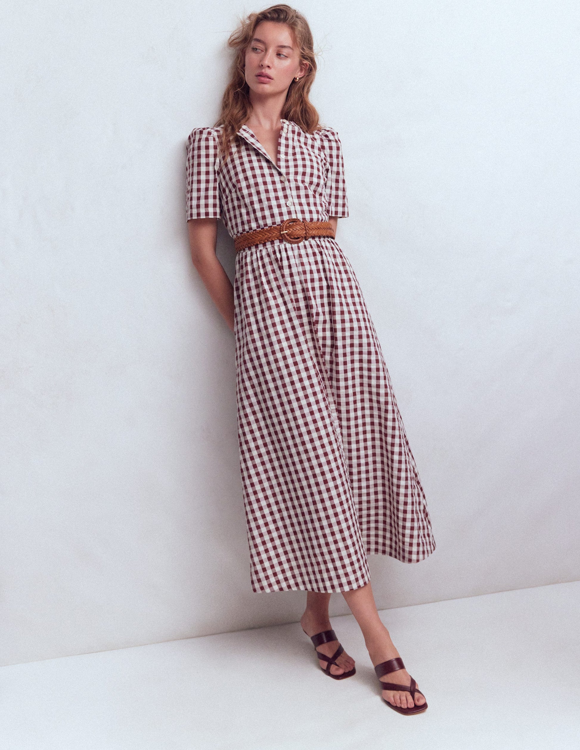 Ivy Placket Cotton Midi Dress-Gingham-5