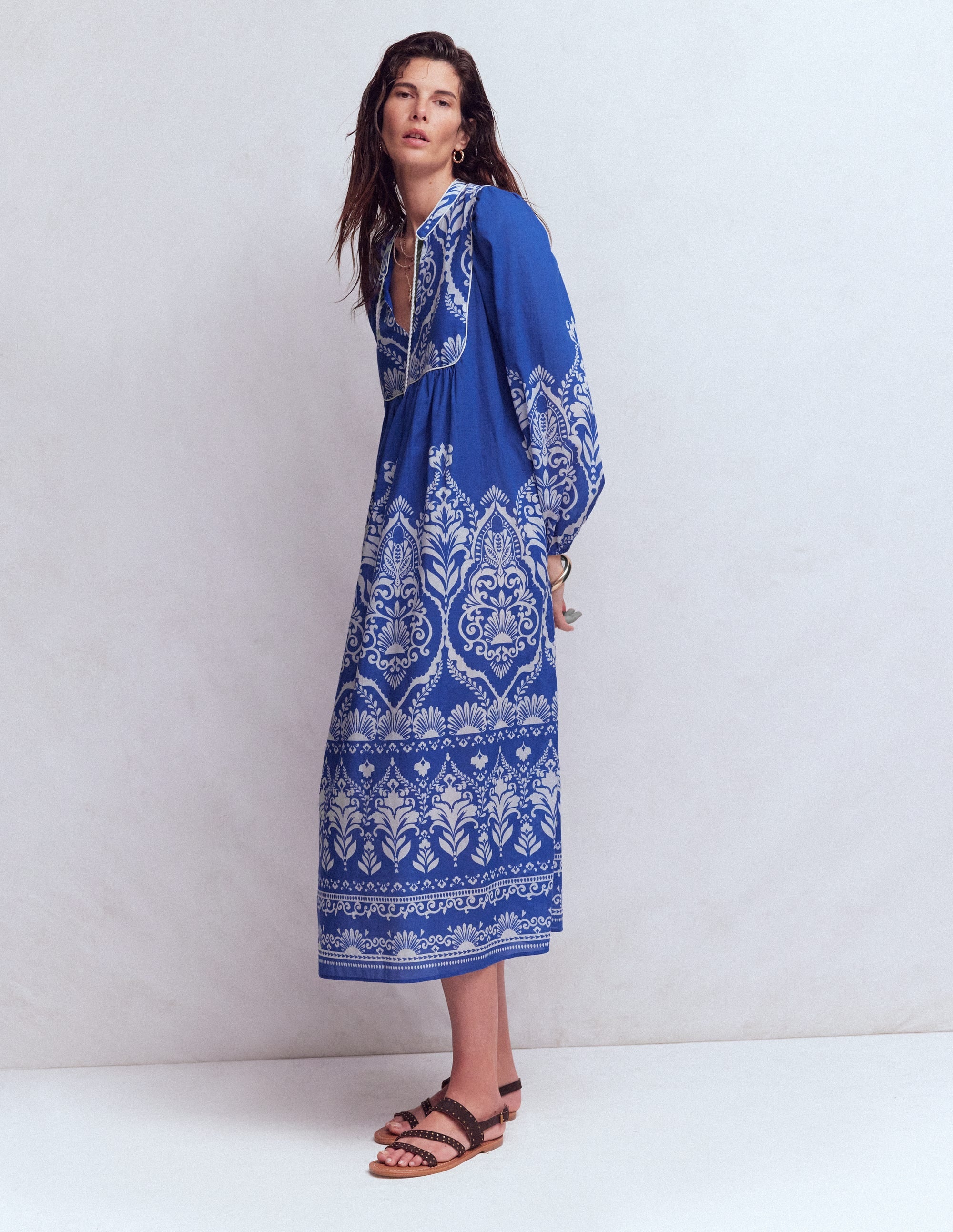Boho Tie Neck Kaftan-Blue Ornamental Garden - Image 1