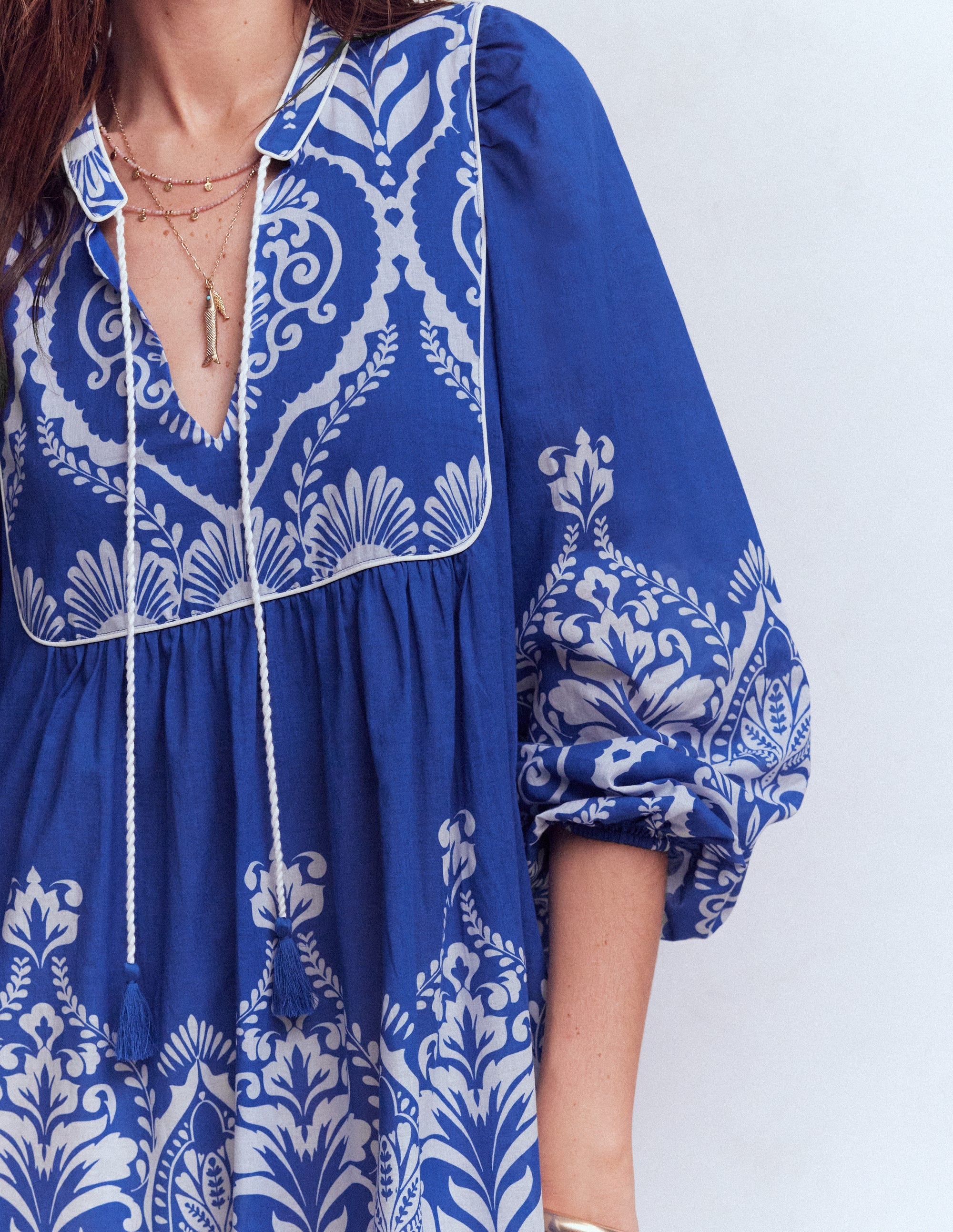 Boho Tie Neck Kaftan-Blue Ornamental Garden - Image 2