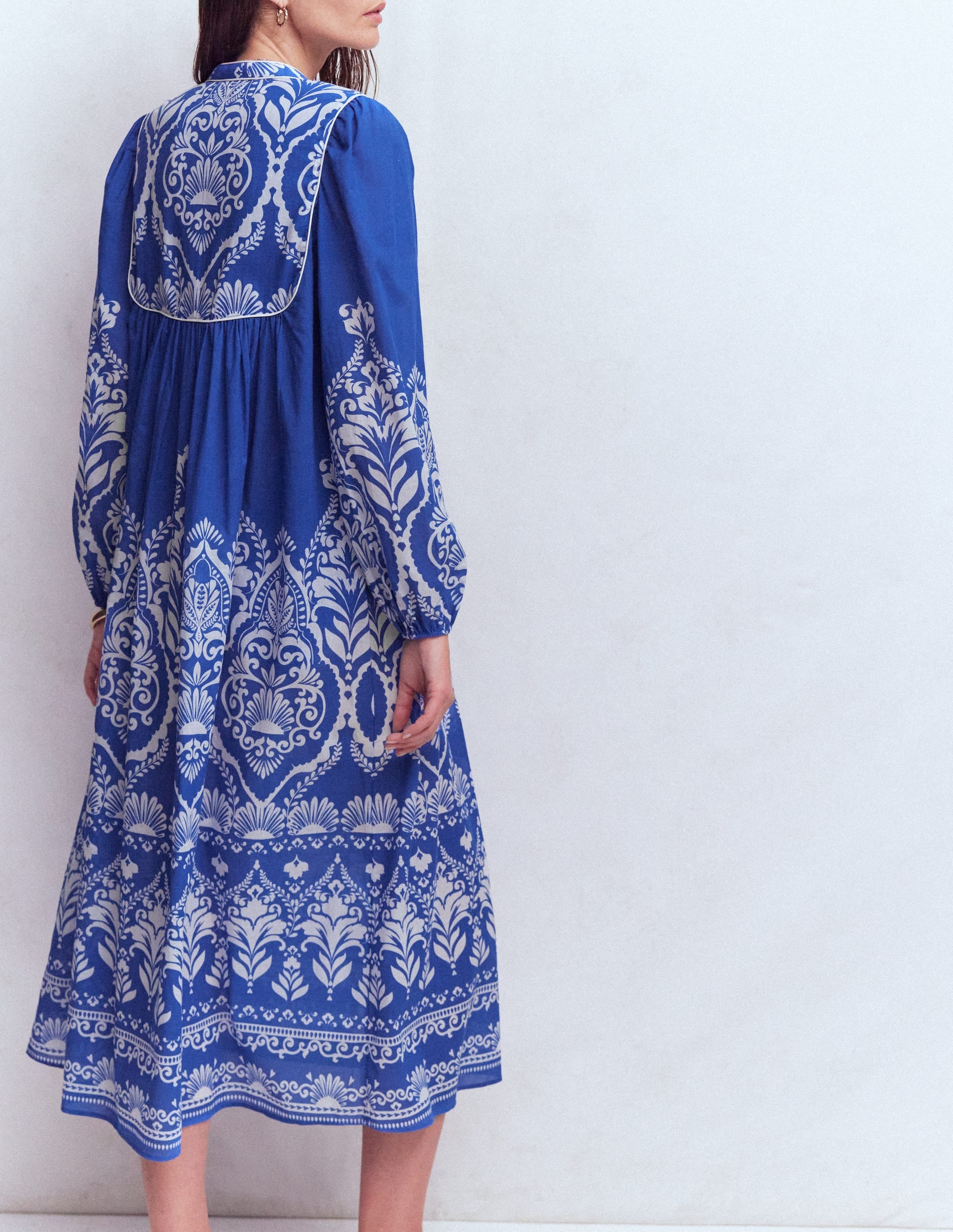 Boho Tie Neck Kaftan-Blue Ornamental Garden - Image 3