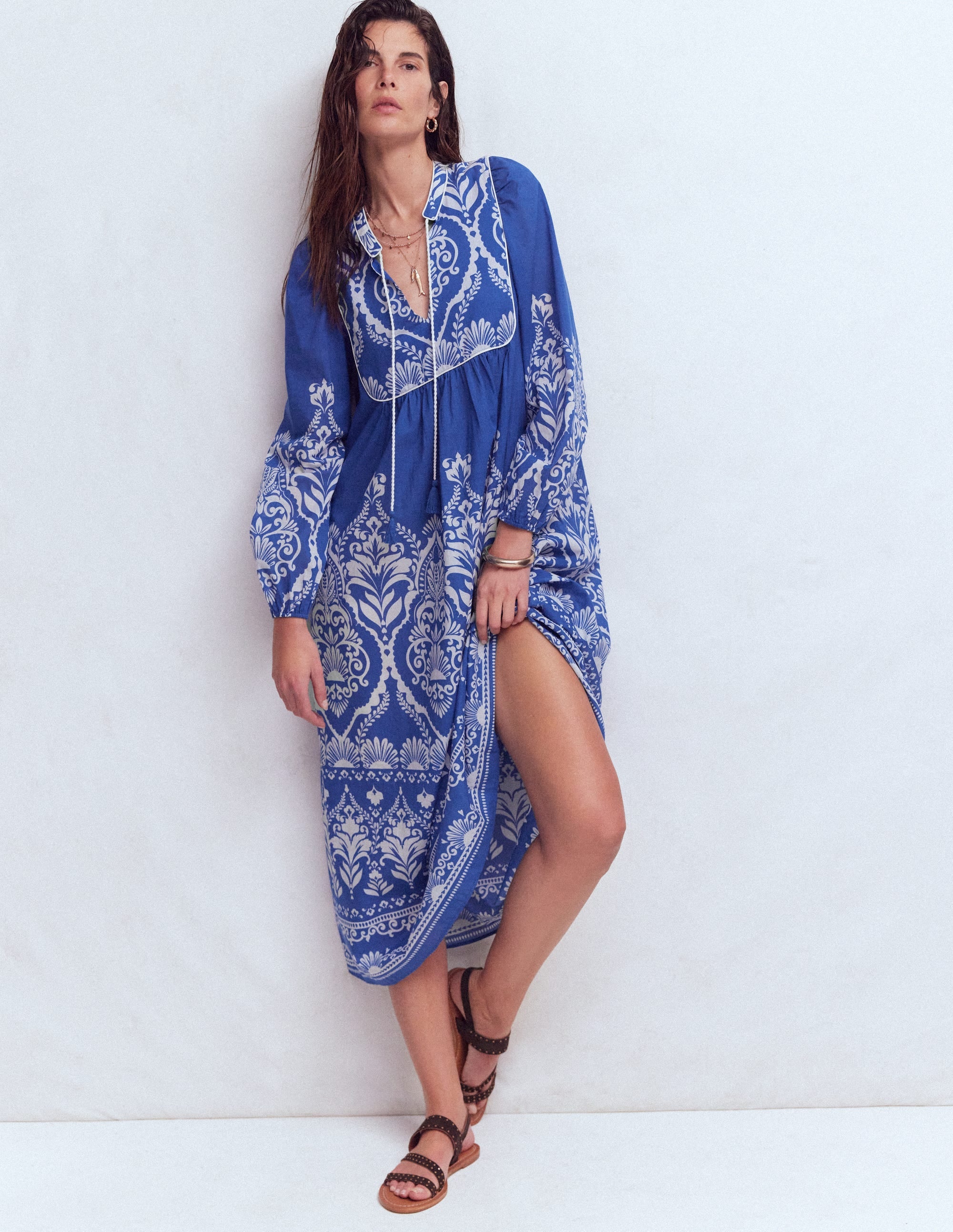 Boho Tie Neck Kaftan-Blue Ornamental Garden - Image 4