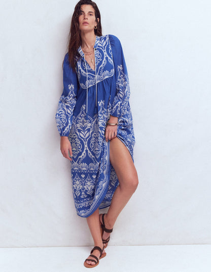 Boho Tie Neck Kaftan-Blue Ornamental Garden-5