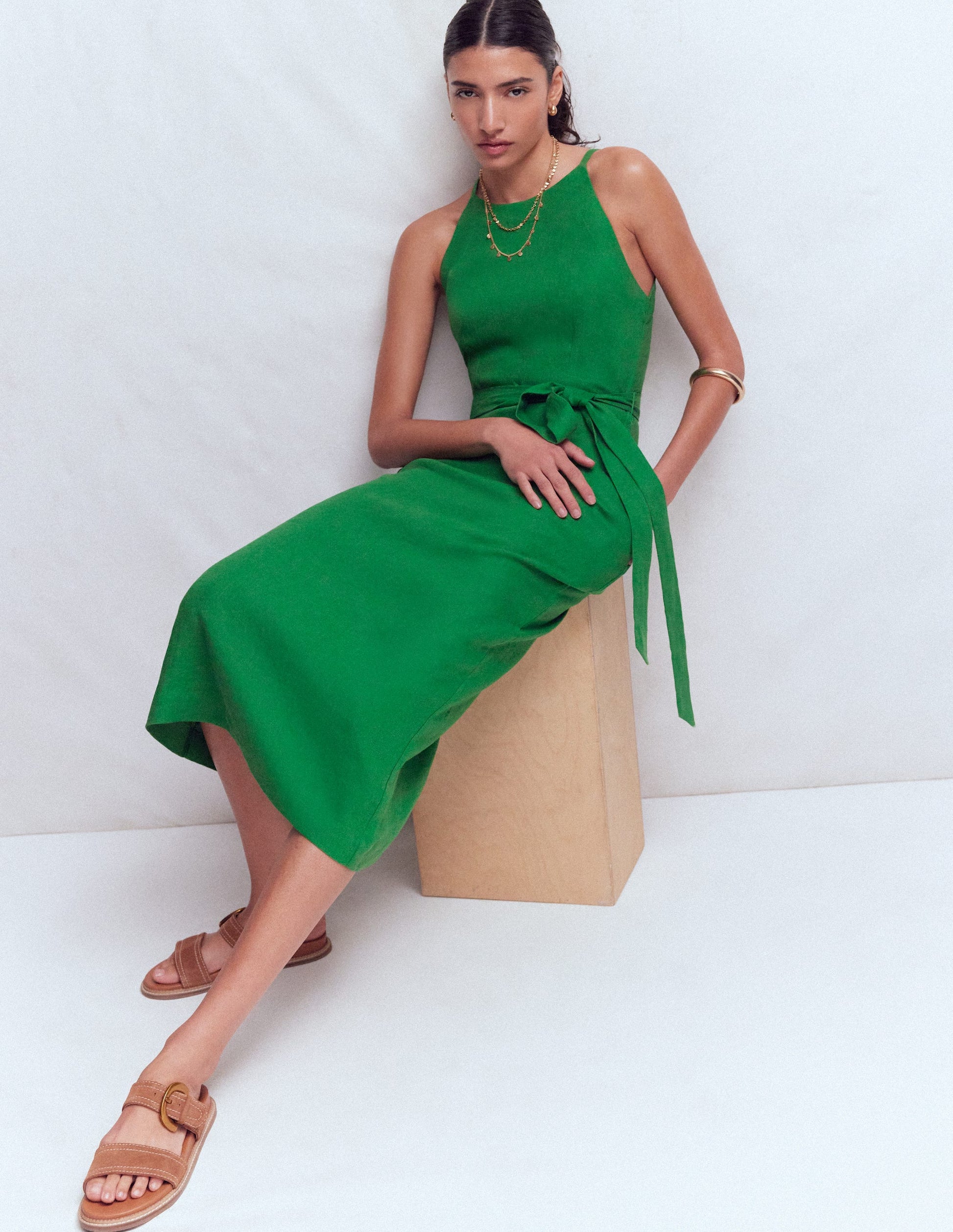 Rosa Halter Linen Midi Dress-Amazon Green-4