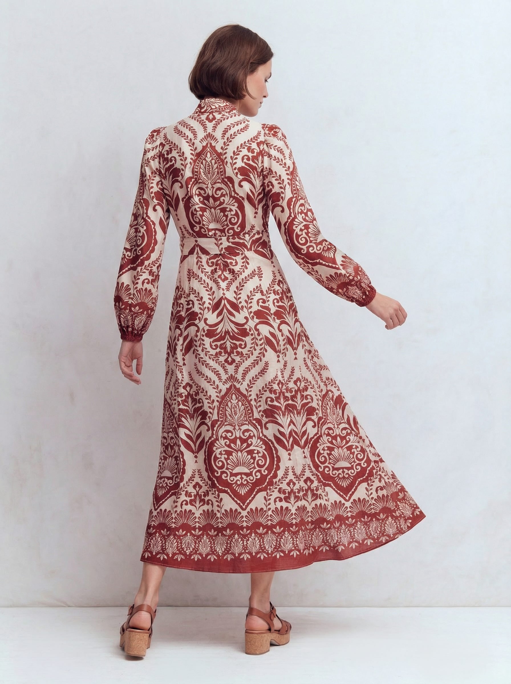 Florence Linen Blend Dress-Brown Ornamental Garden-2