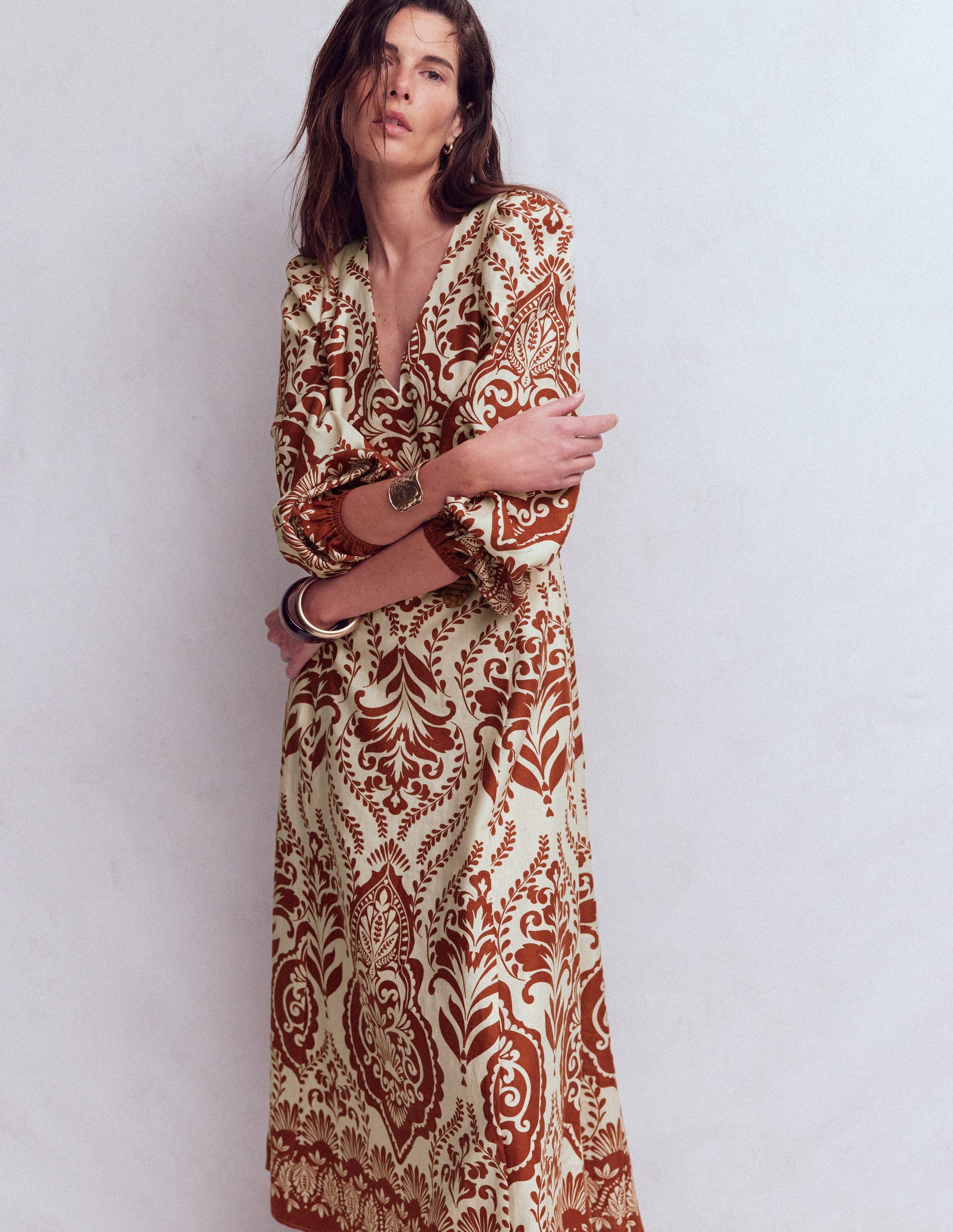 Florence Linen Blend Dress-Orange, Ornamental Garden-4