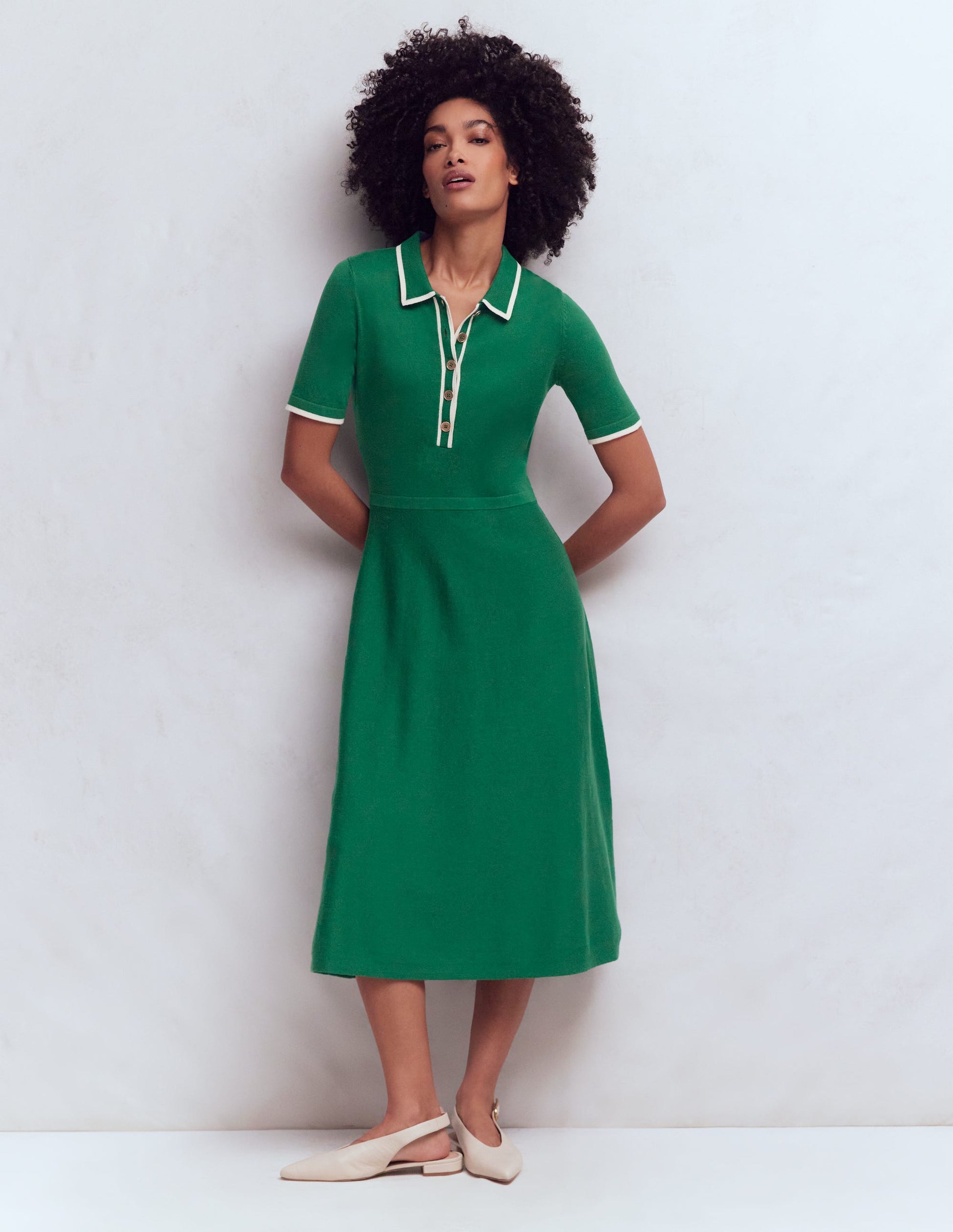 Collared Knitted Midi Dress-Fresh Green-1