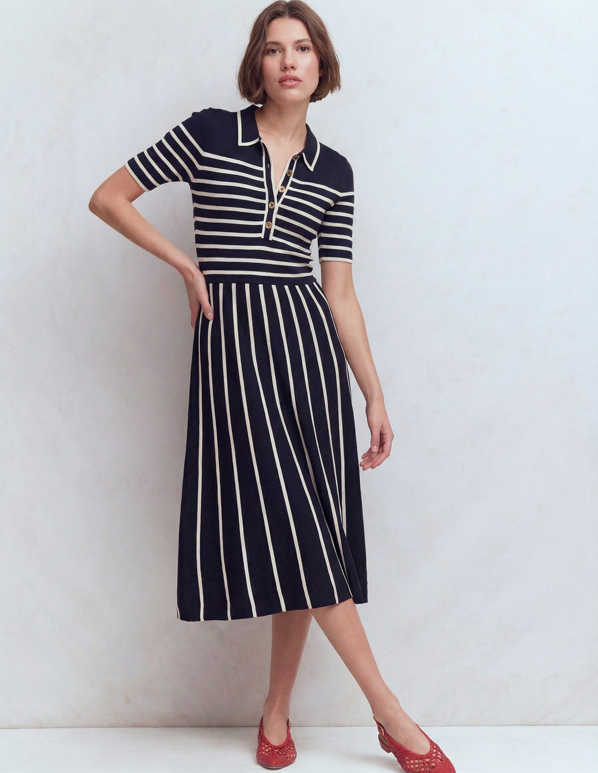 Collared Knitted Midi Dress-French Navy and Ivory Stripe - Image 1