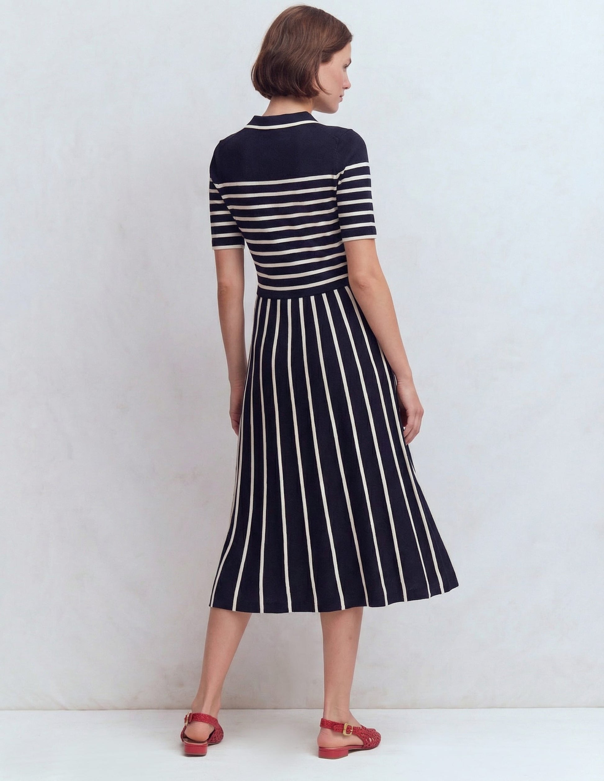 Collared Knitted Midi Dress-French Navy and Ivory Stripe-2