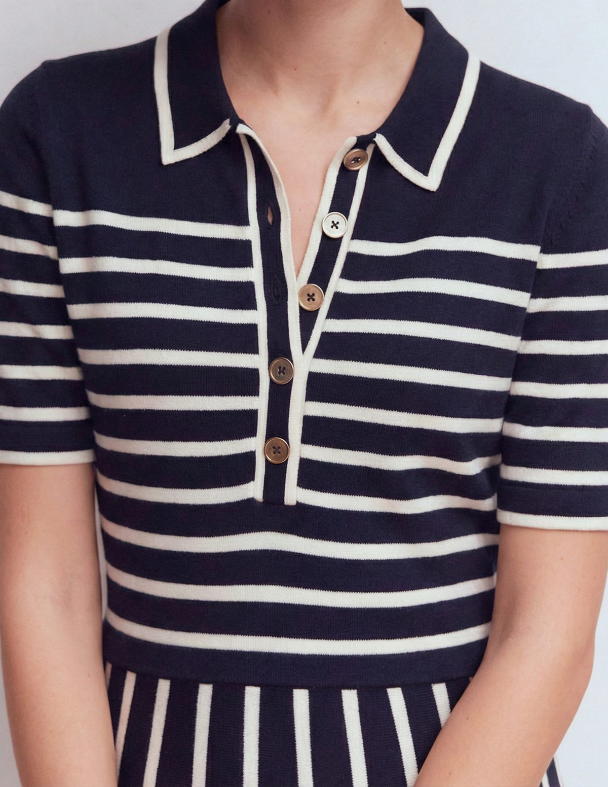 Collared Knitted Midi Dress-French Navy and Ivory Stripe - Image 3
