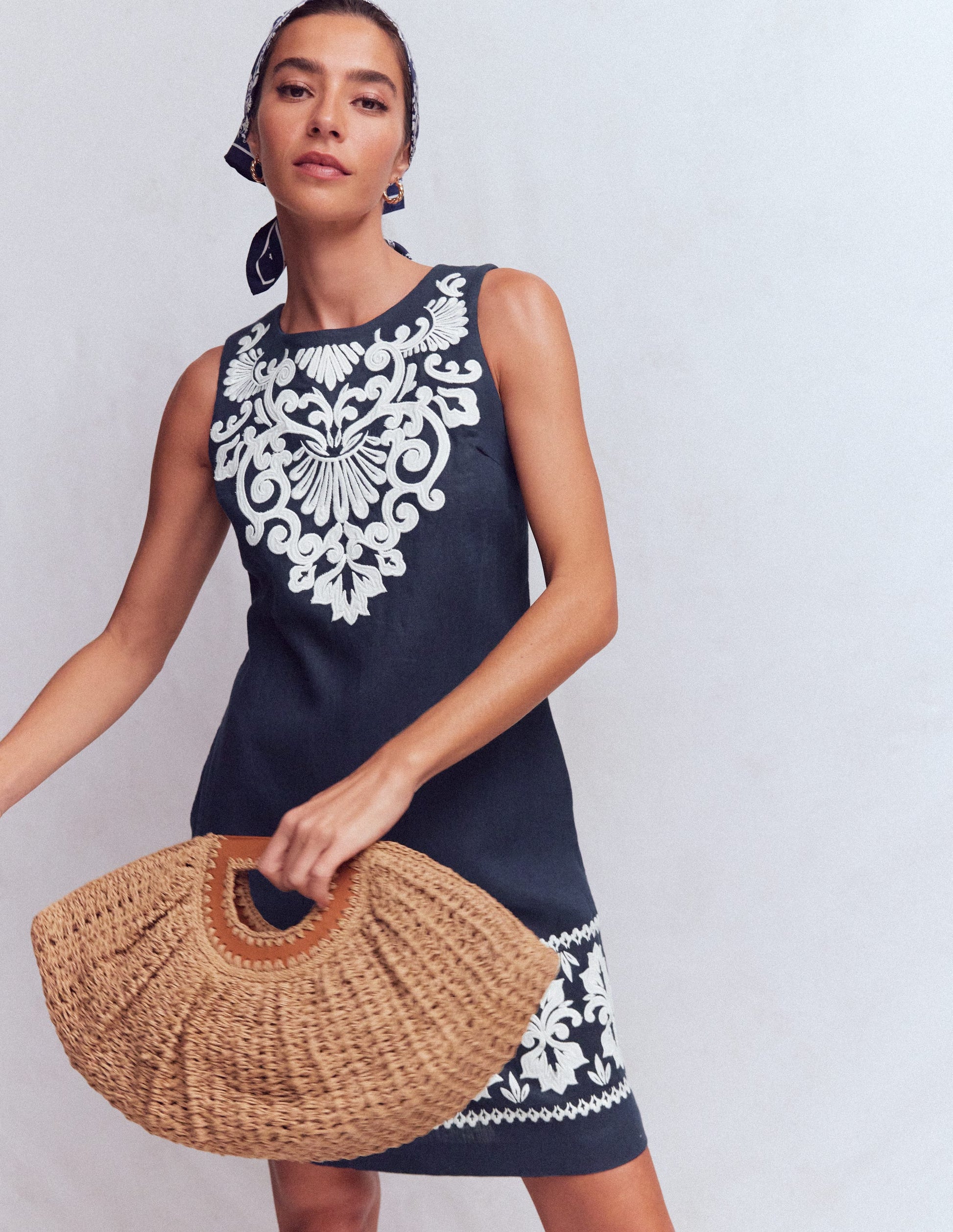 Linen Shift Dress-Navy Embrodiery-1