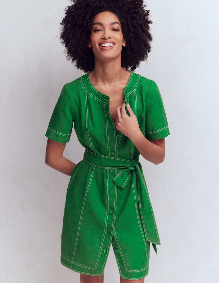 Callie Linen Short Dress-Highland Green