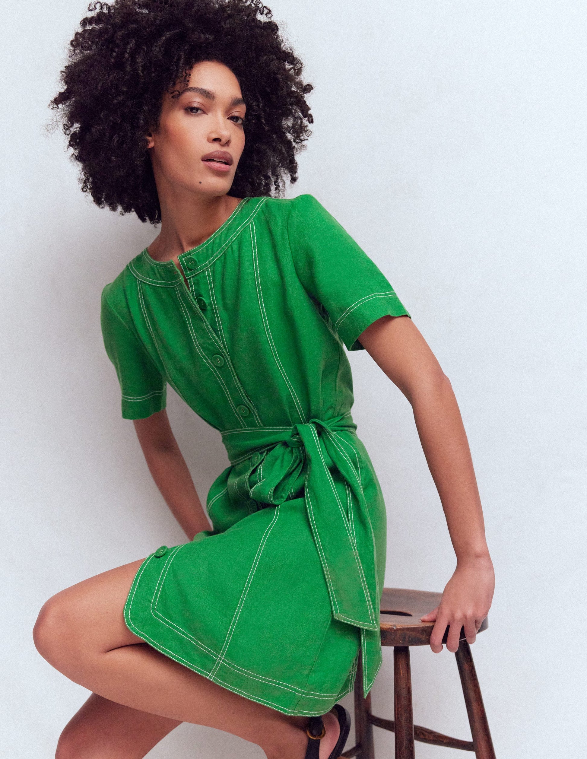 Callie Linen Short Dress-Highland Green-4