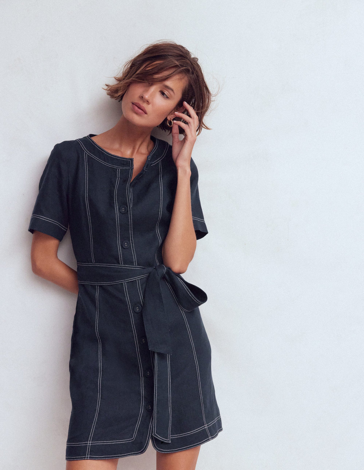 Callie Linen Short Dress-Navy - Image 1