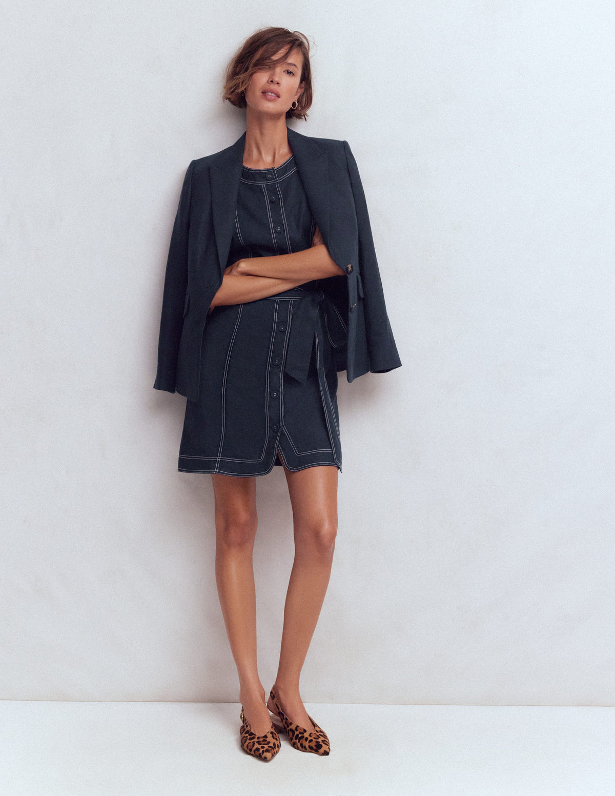 Callie Linen Short Dress-Navy - Image 4