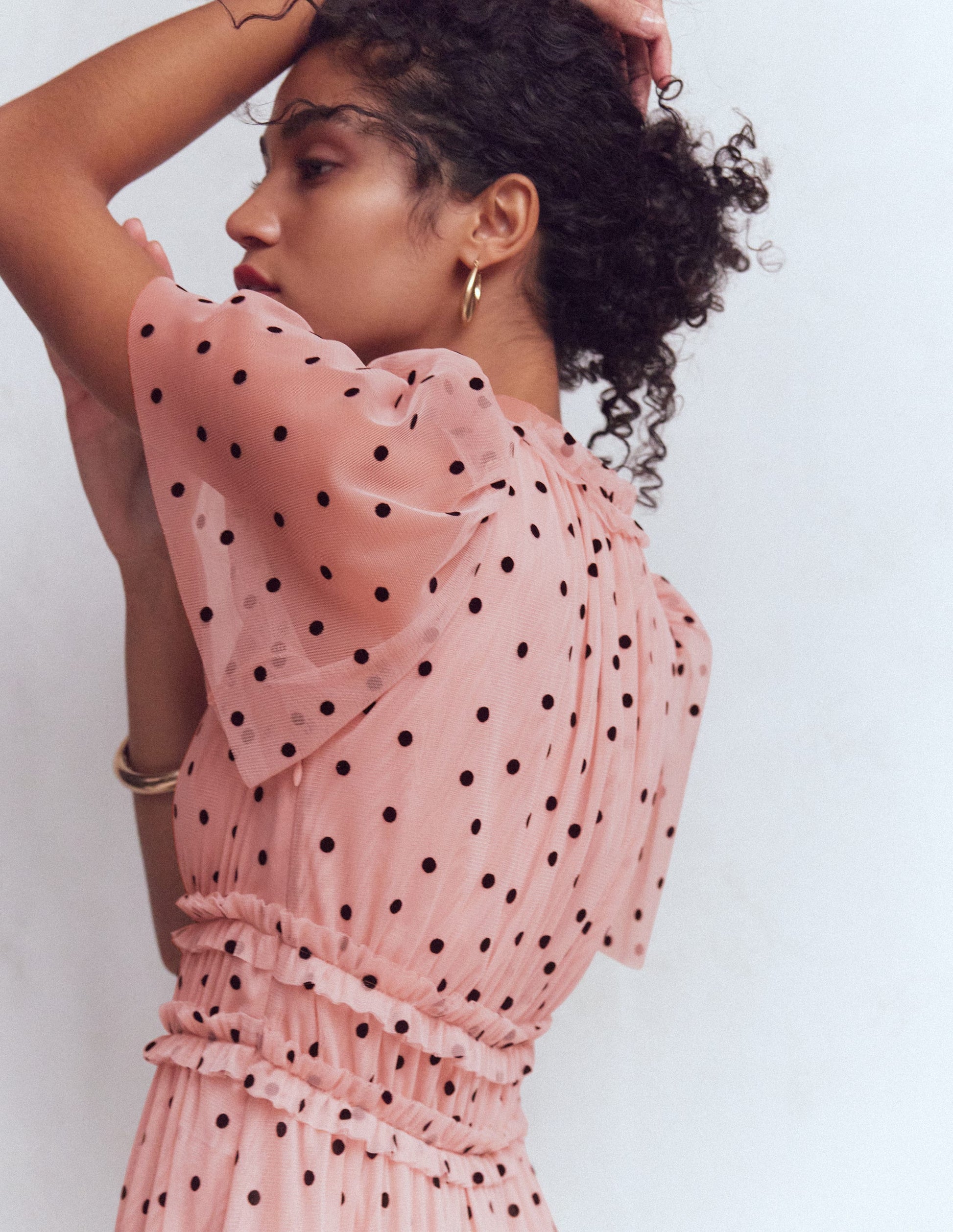 V-neck Ruffle Tulle Dress-Ivory Black Spot-2