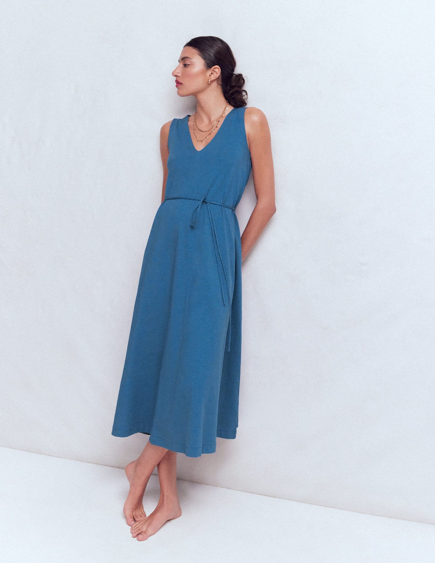 Mia V-neck Jersey Midi Dress-Tourmaline Blue