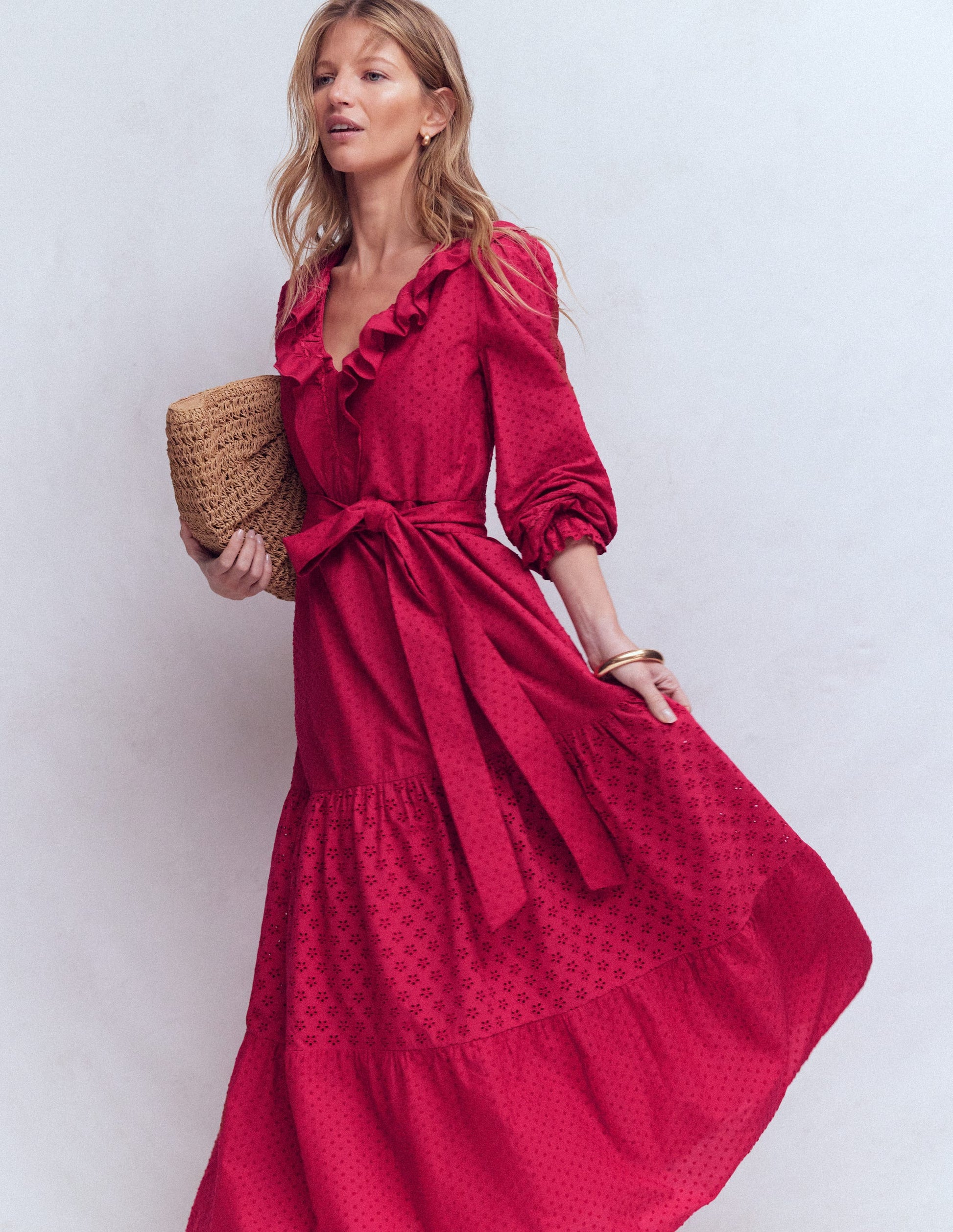 Ruffle Front Cotton Dress-Persian Red-1