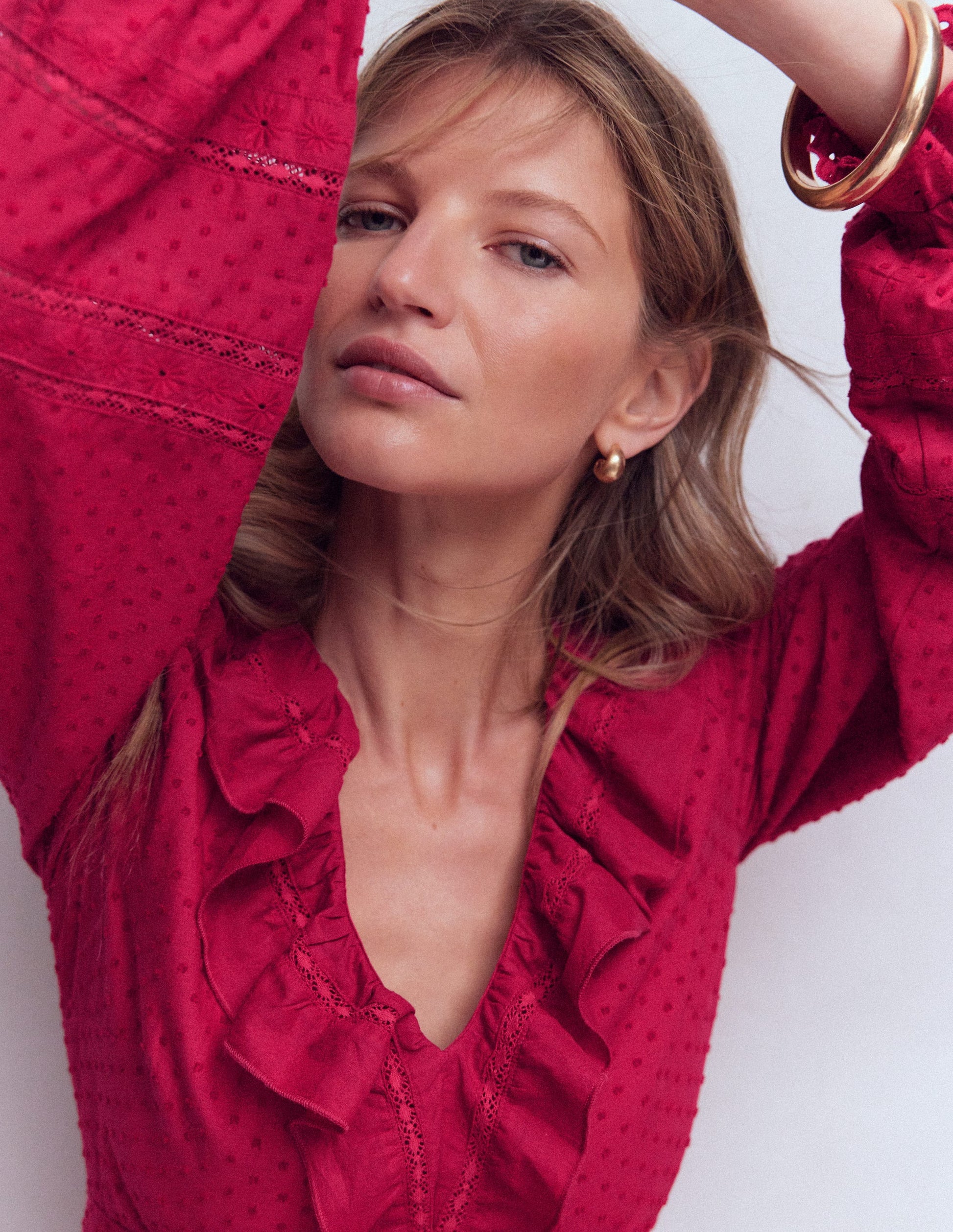 Ruffle Front Cotton Dress-Persian Red-2