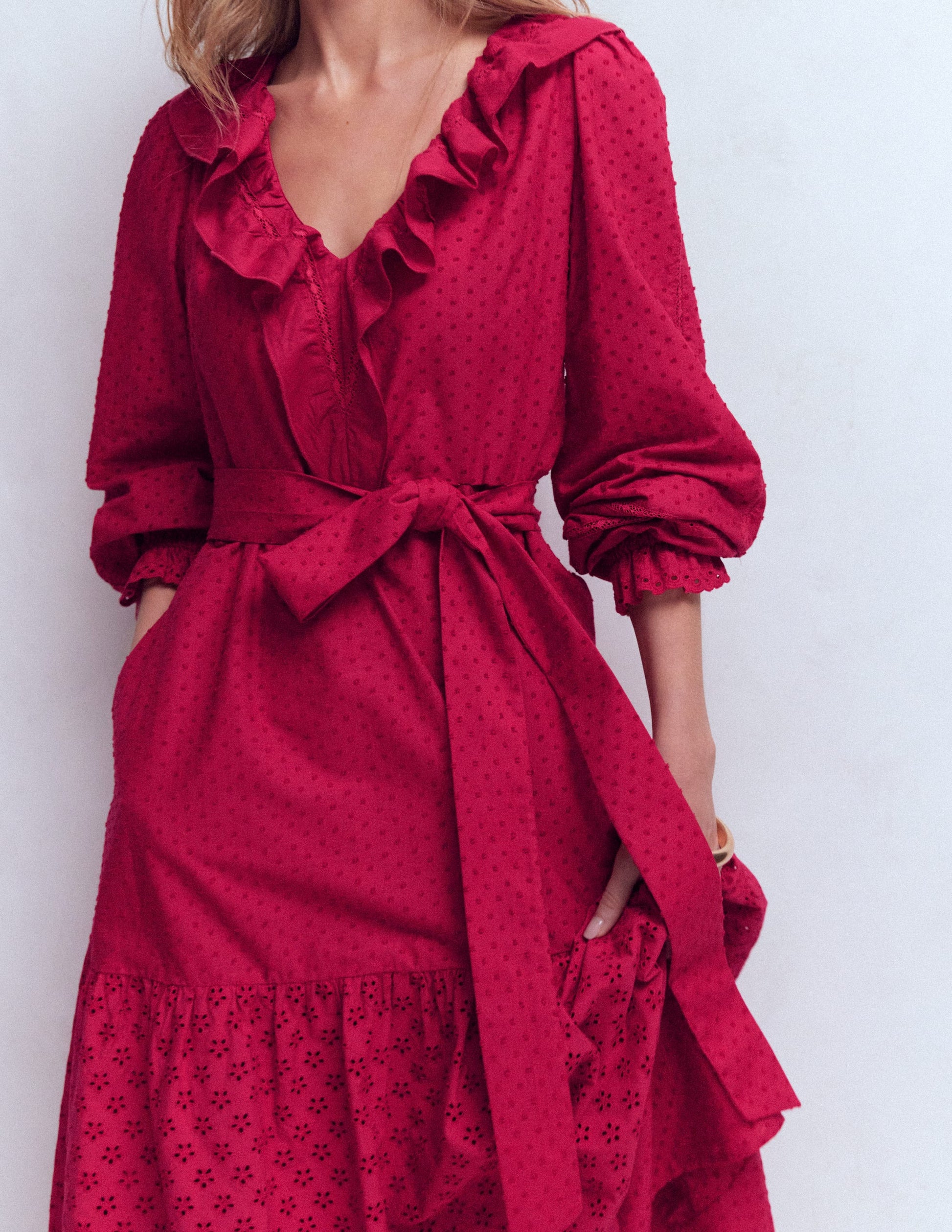 Ruffle Front Cotton Dress-Persian Red-5