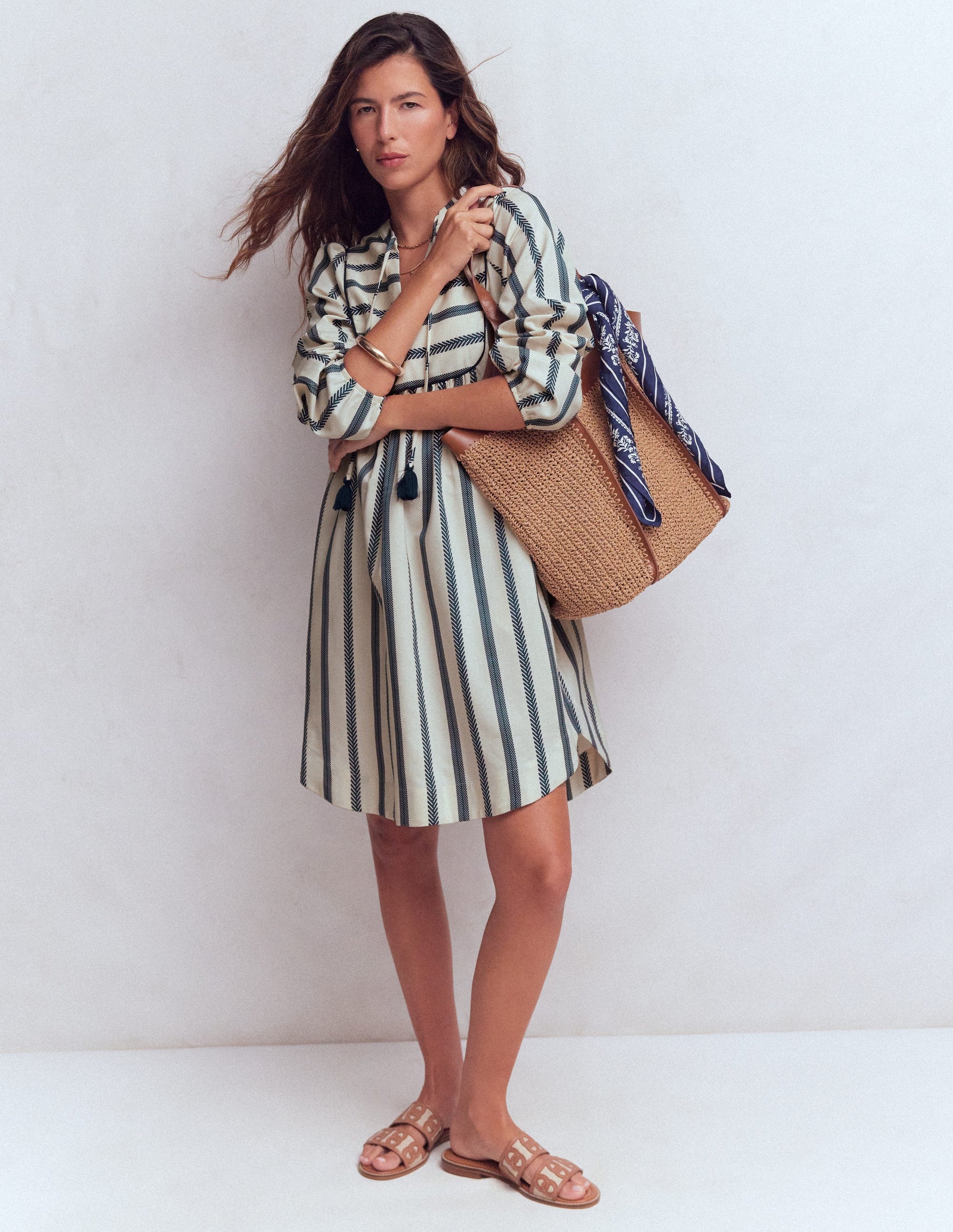 Pia Cotton Yoke Dress-Blue Stripe-2