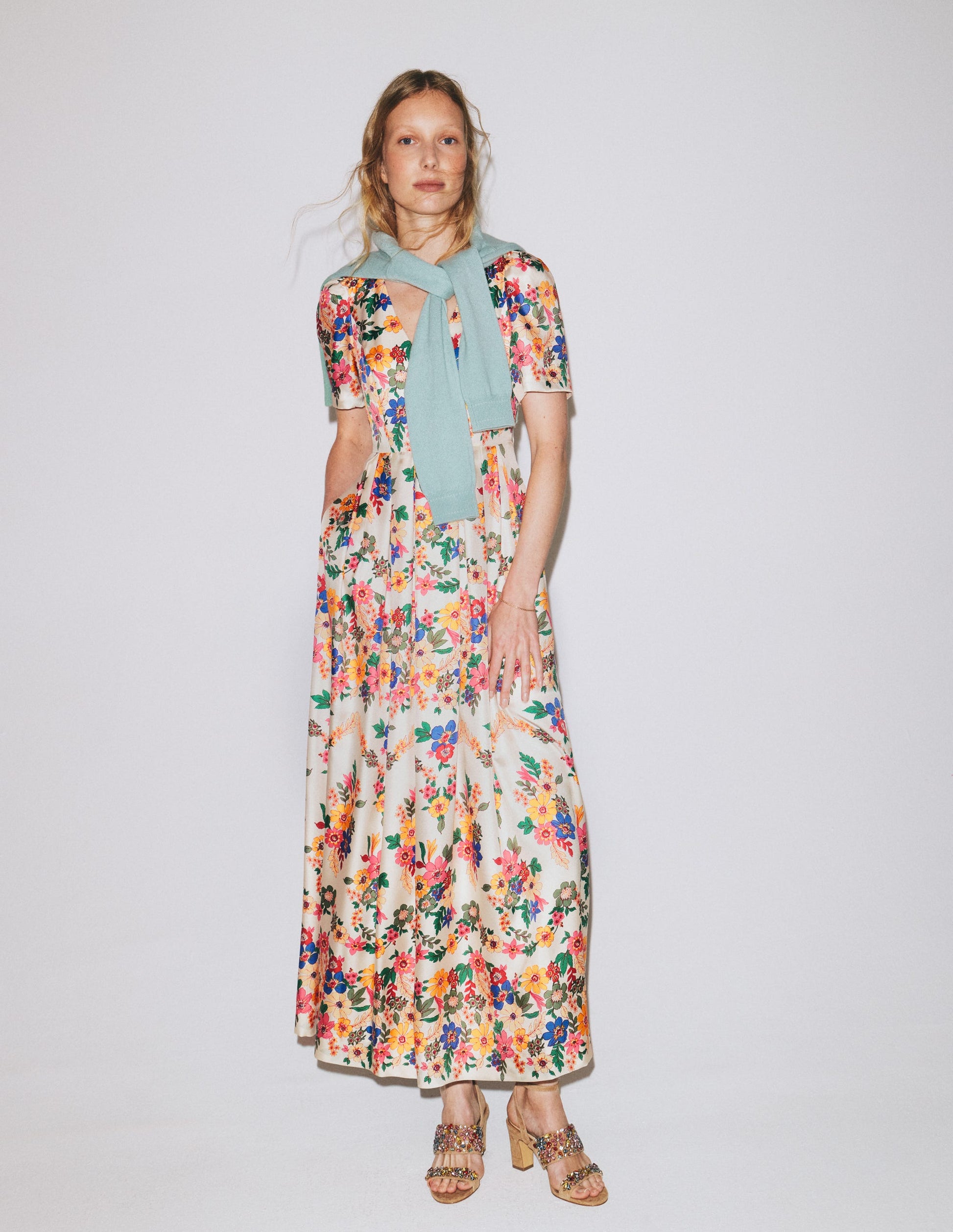 Pleat V-neck Dress-Multi Meadow Flowers-6