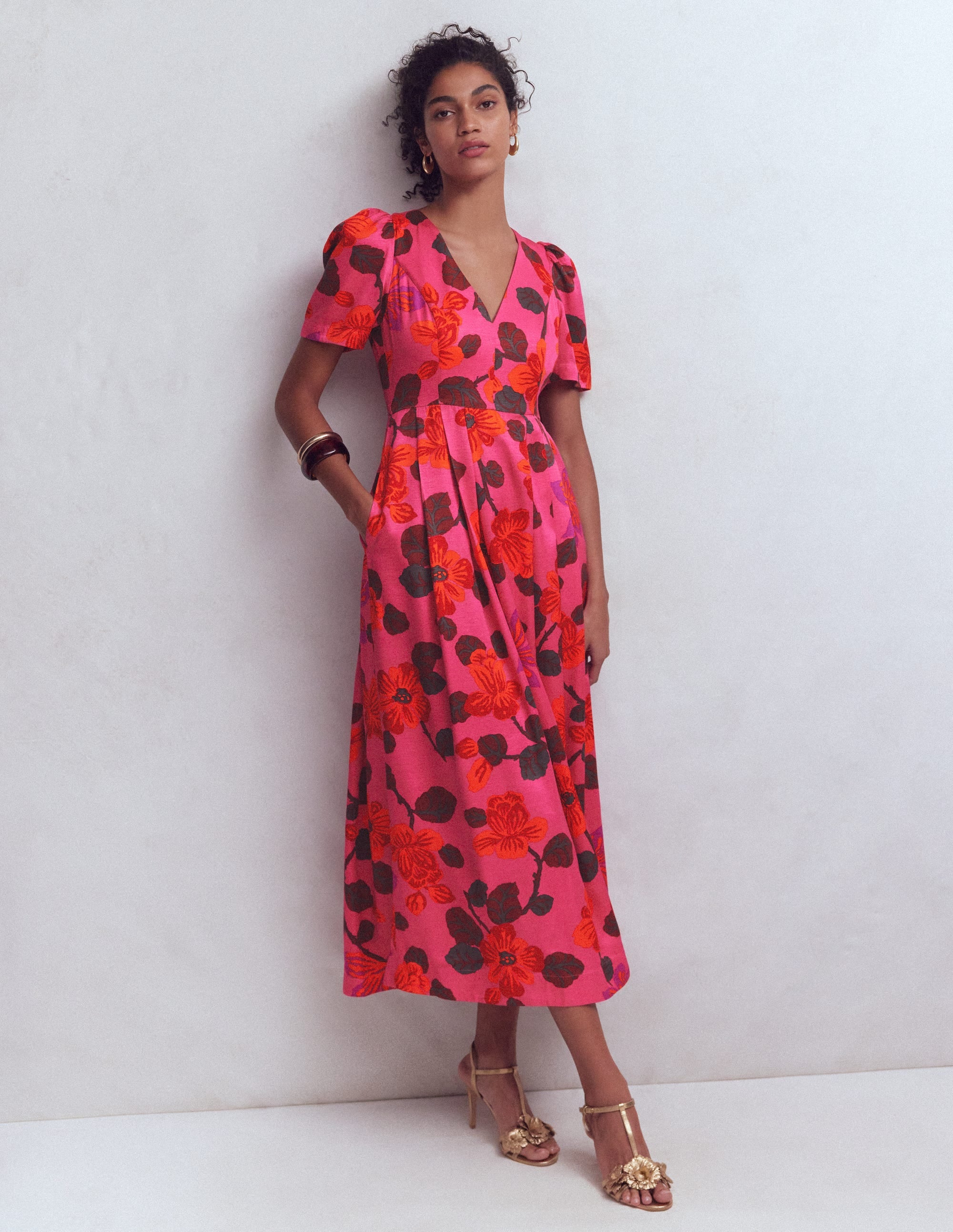 Pleat V-neck Dress-Pink, Elaborate Blossom - Image 1