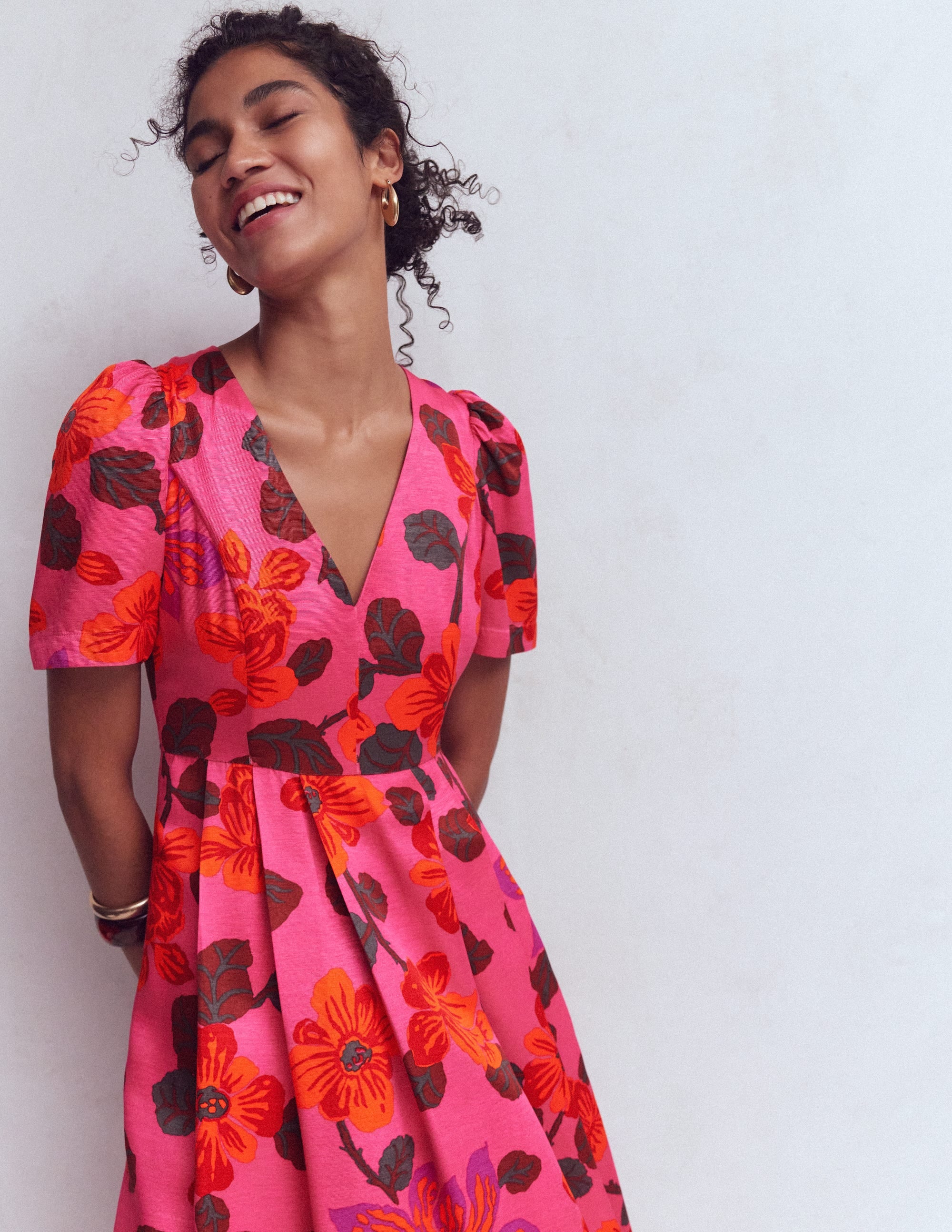 Pleat V-neck Dress-Pink, Elaborate Blossom - Image 2
