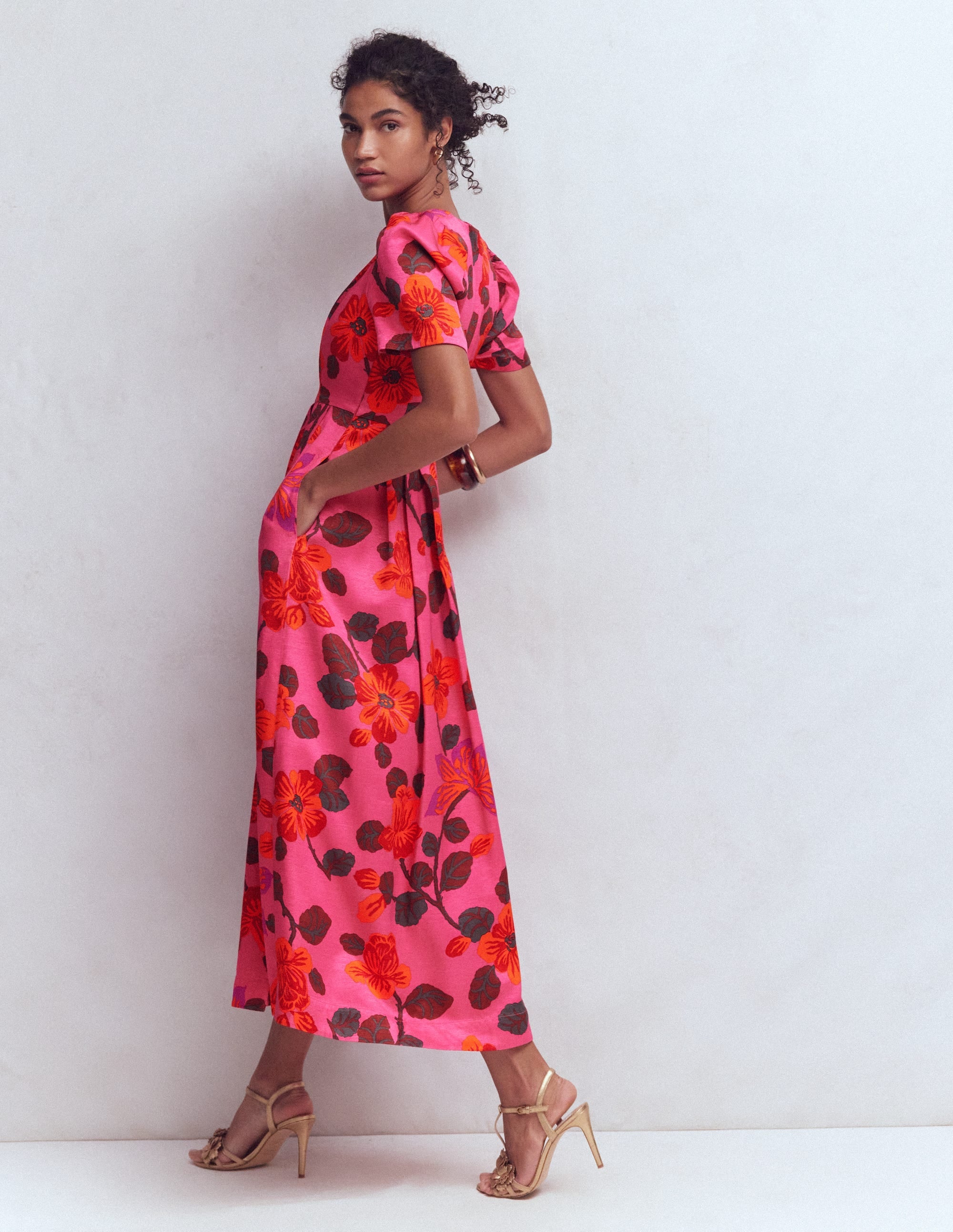 Pleat V-neck Dress-Pink, Elaborate Blossom - Image 3
