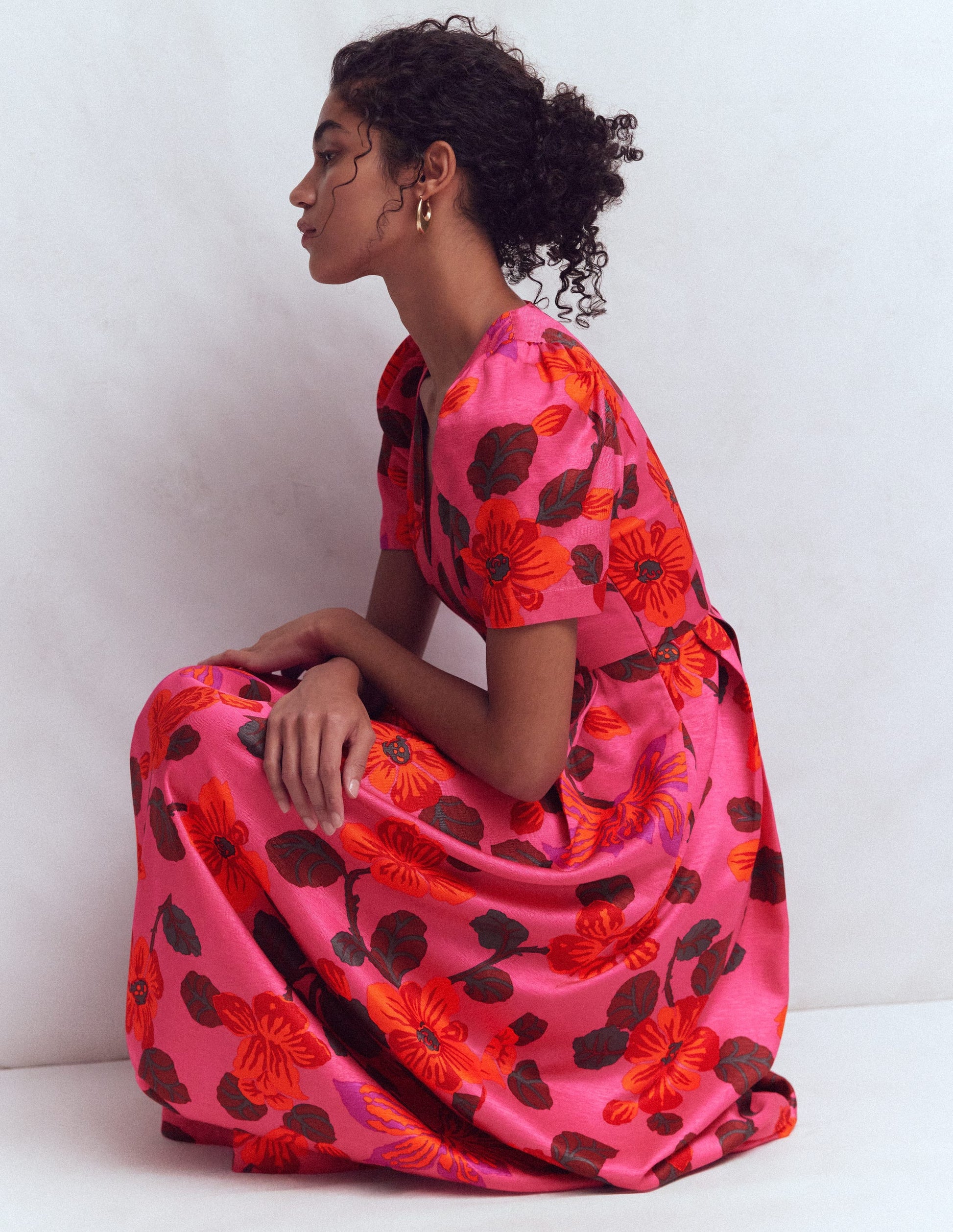 Pleat V-neck Dress-Pink Floral-4