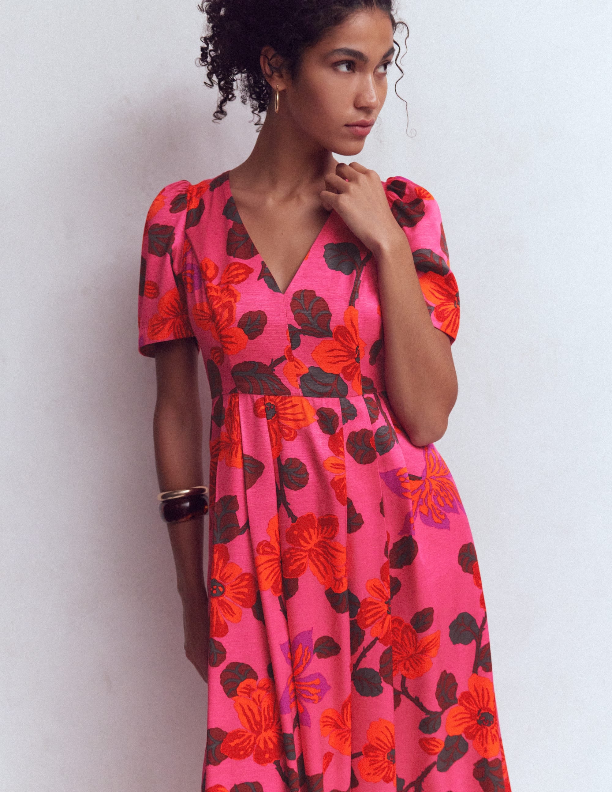 Pleat V-neck Dress-Pink, Elaborate Blossom - Image 5