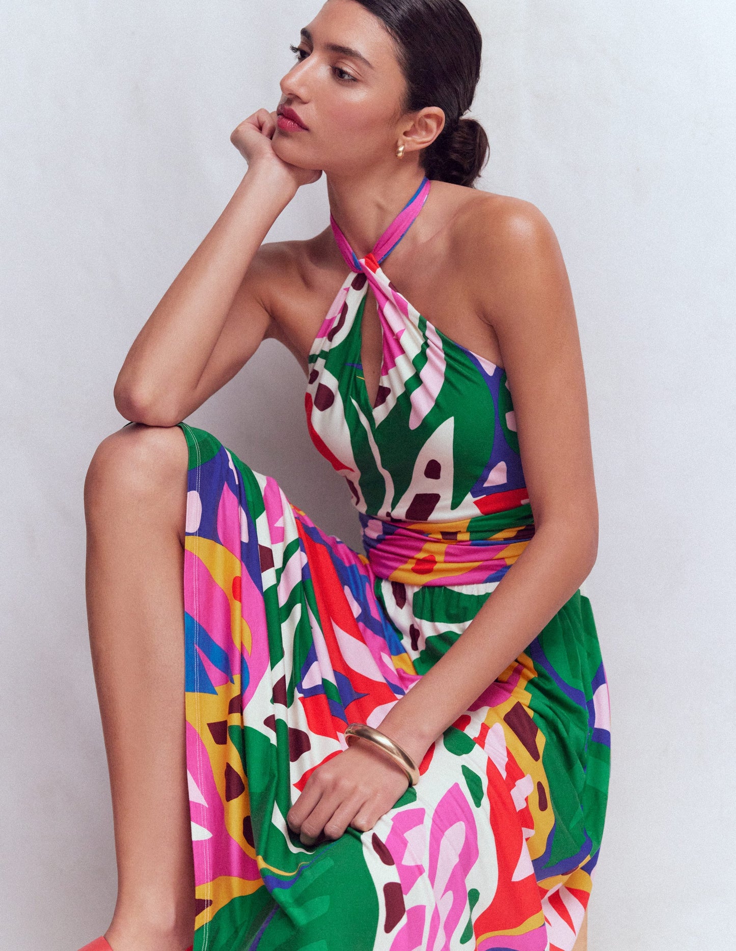 Sydney Twist Neck Jersey Dress-Multi, Leafy Cascade