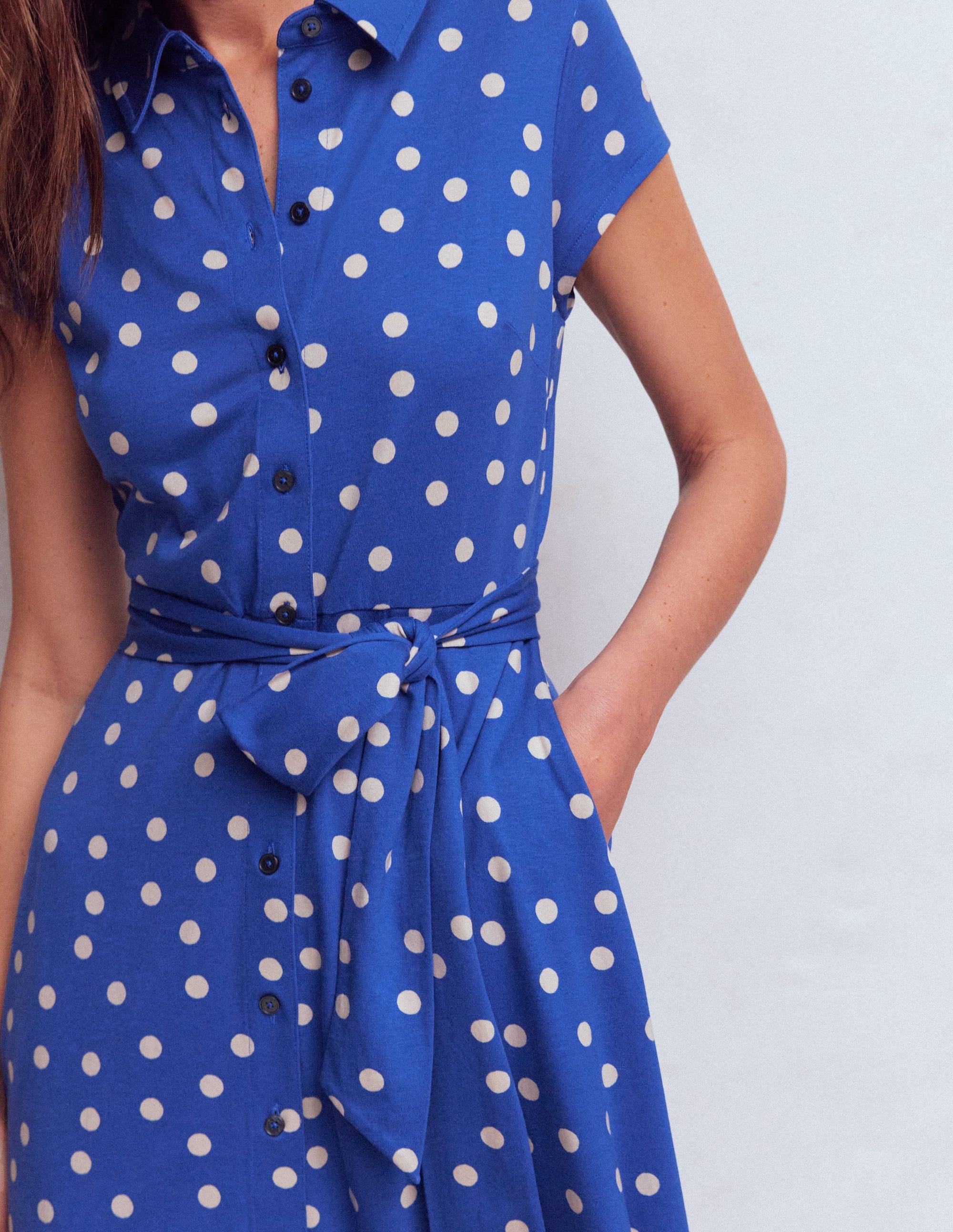 Marcia Jersey Shirt Dress-Bright Blue, Painted Dot - Image 2