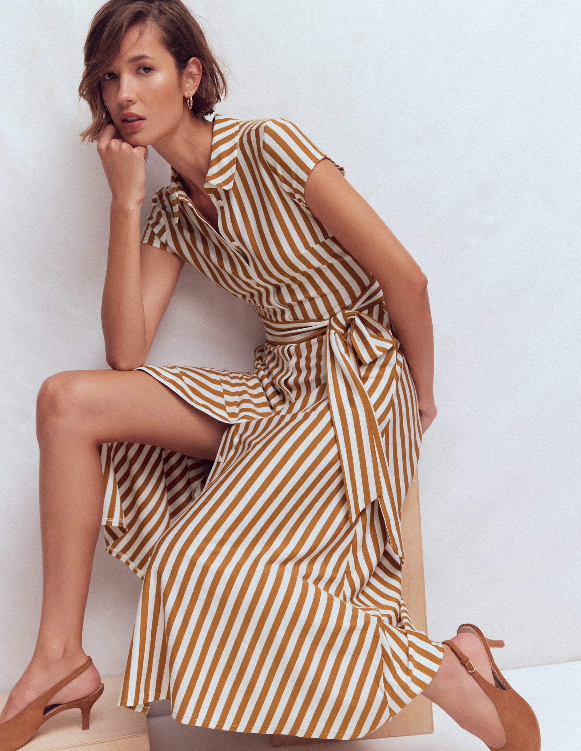 Marcia Jersey Shirt Dress-Cognac and Ivory Stripe-1