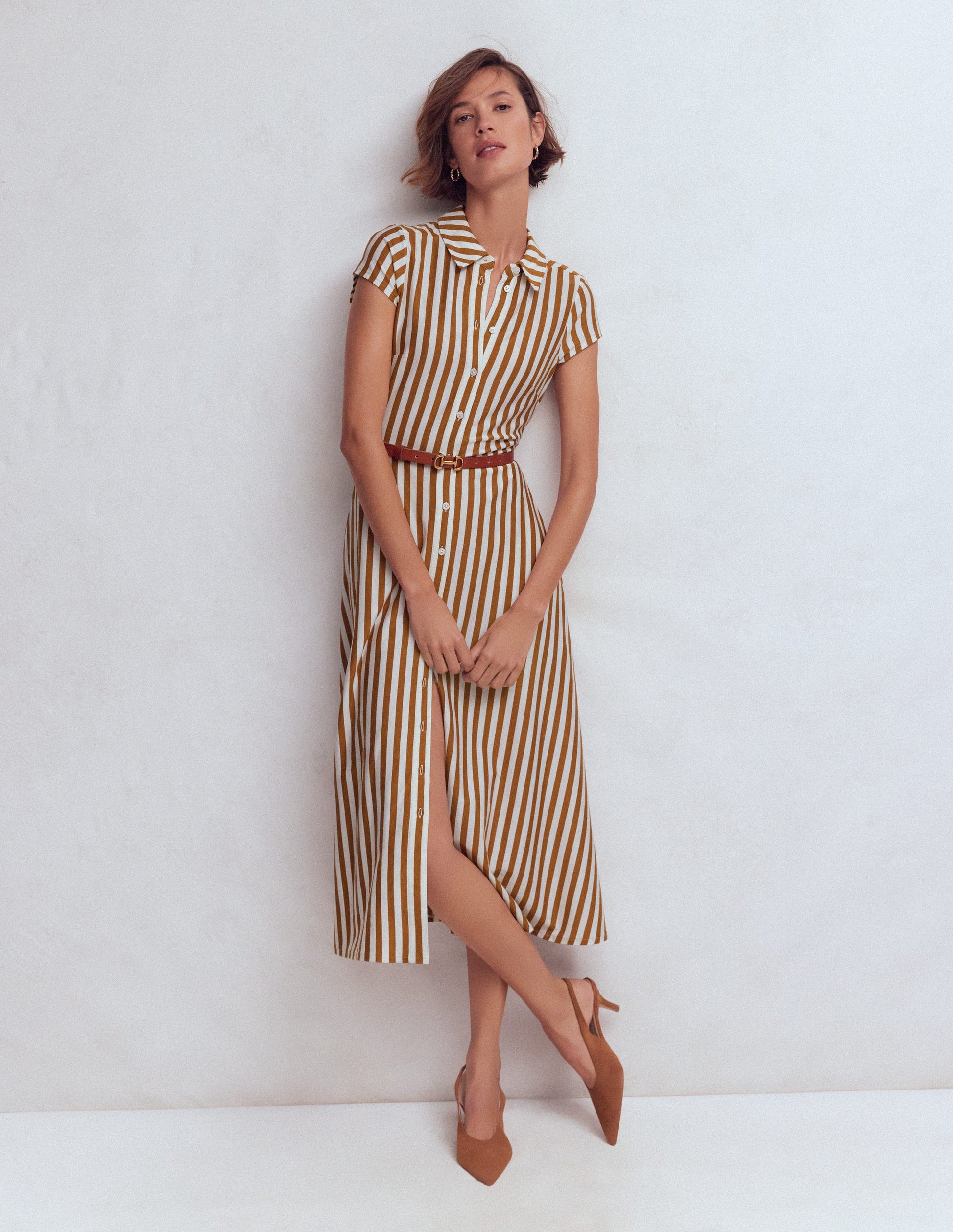 Marcia Jersey Shirt Dress-Cognac and Ivory Stripe-2