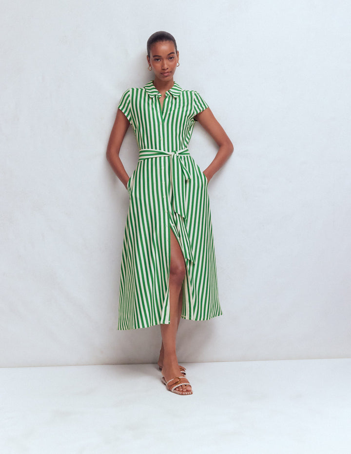 Marcia Jersey Shirt Dress-Green and Ivory Stripe