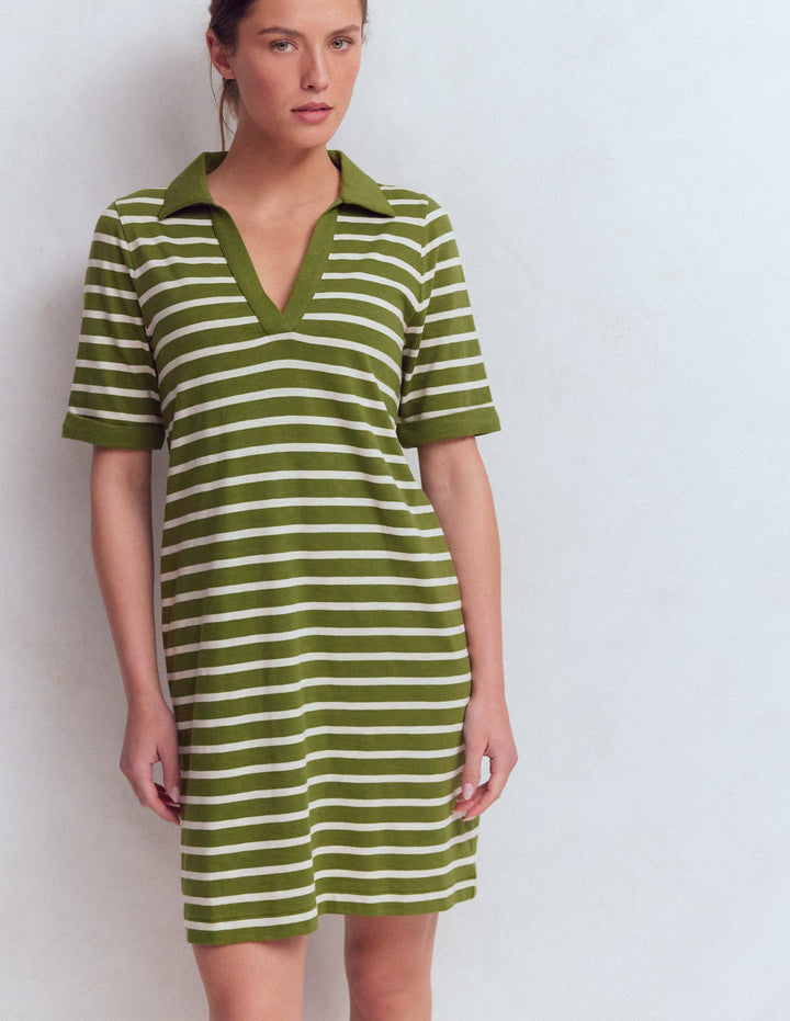 Tilda Jersey T-shirt Dress-Olive and Ivory Stripe