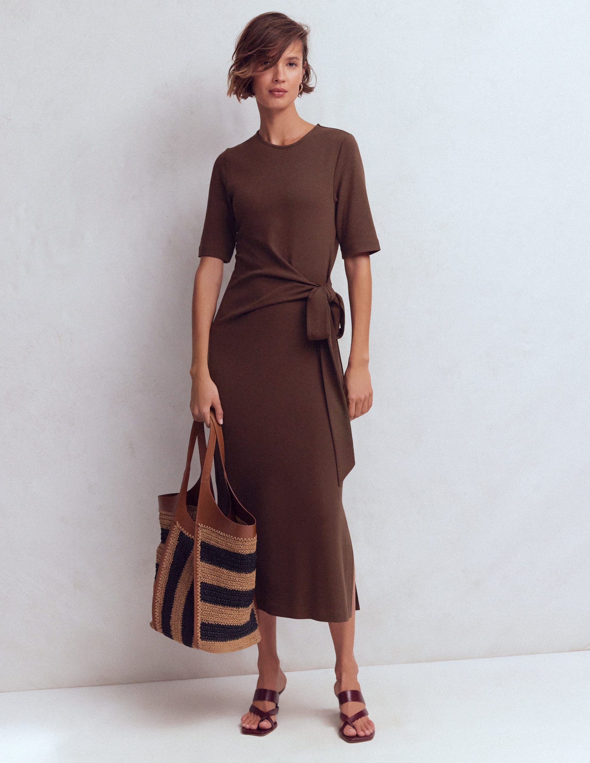 Zinnia Tie Ponte Midi Dress-Espresso-5