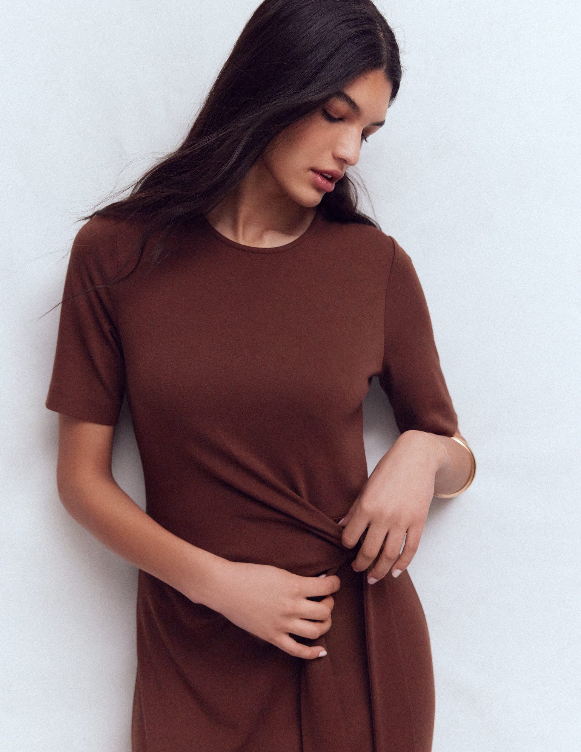 Zinnia Tie Ponte Midi Dress-Espresso-7