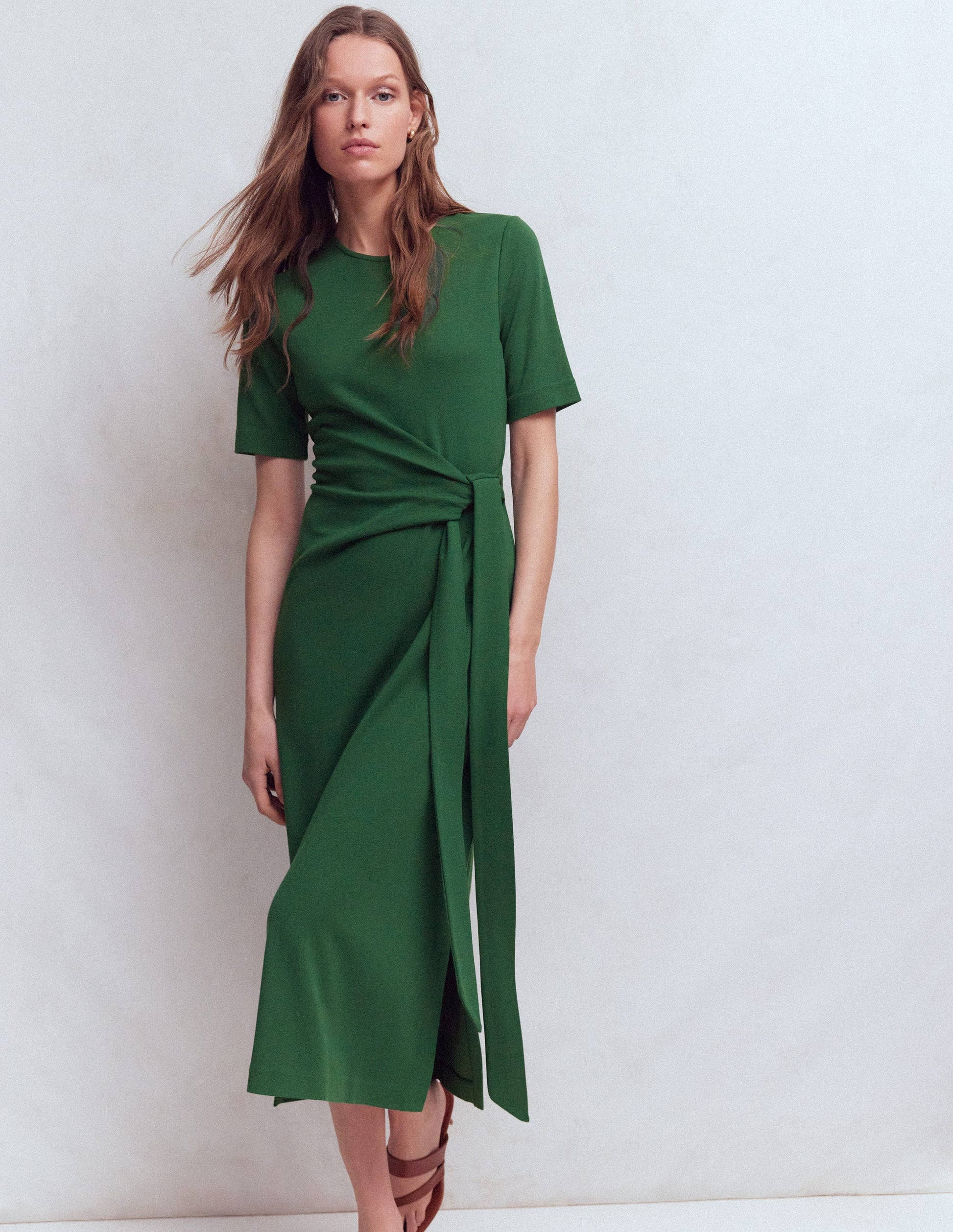 Zinnia Tie Ponte Midi Dress-Dark Green-1