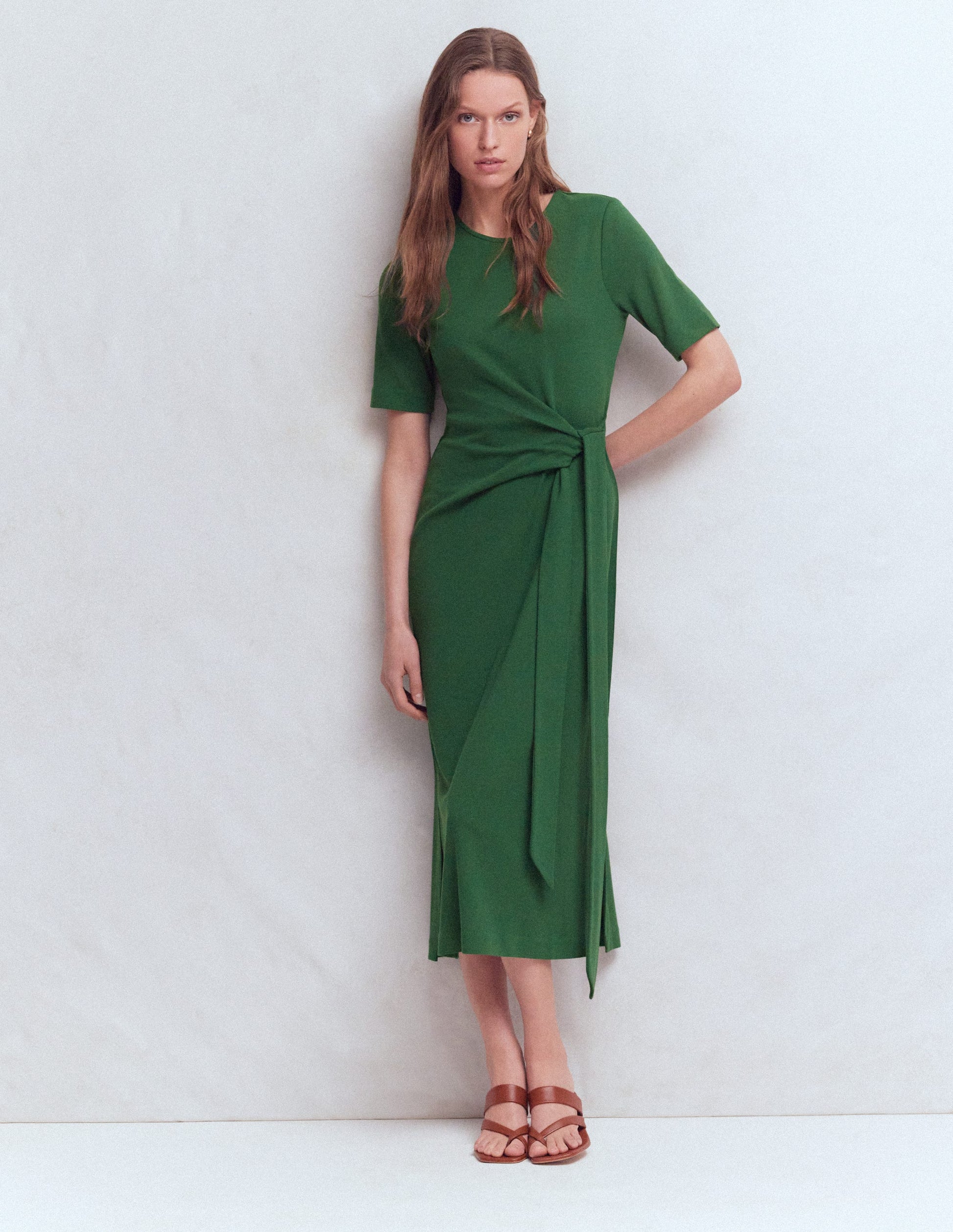 Zinnia Tie Ponte Midi Dress-Dark Green-5