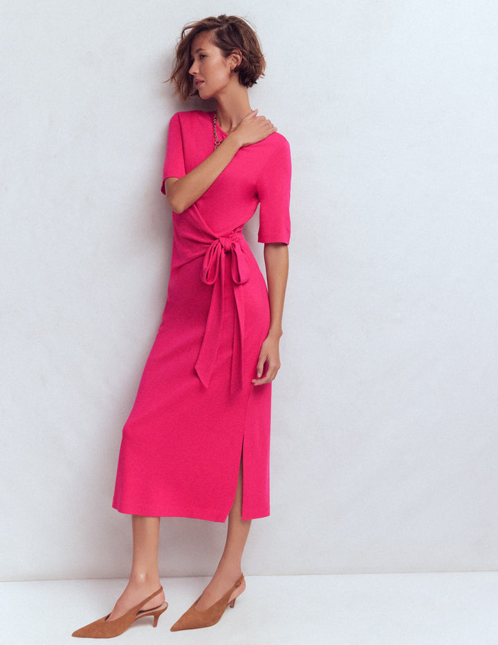 Zinnia Tie Ponte Midi Dress-Vibrant Pink