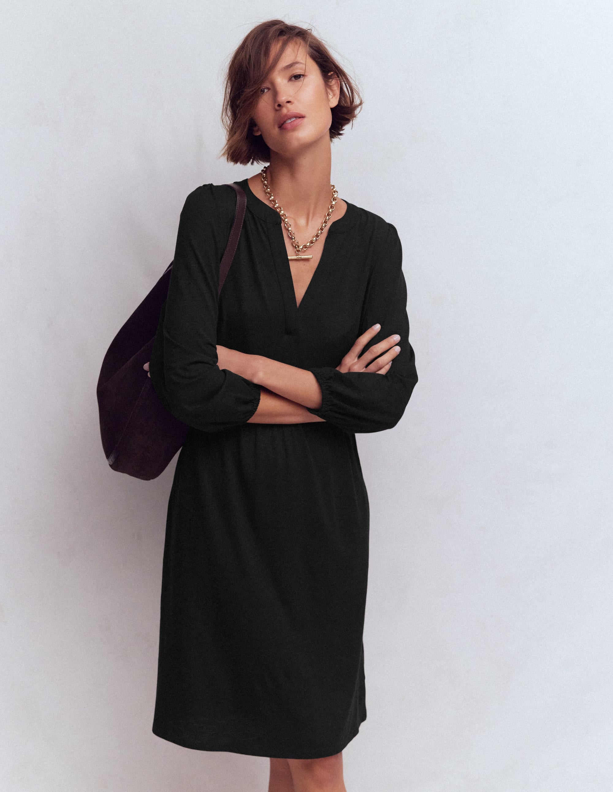 Cathy Notch Neck Jersey Dress-Black - Image 1